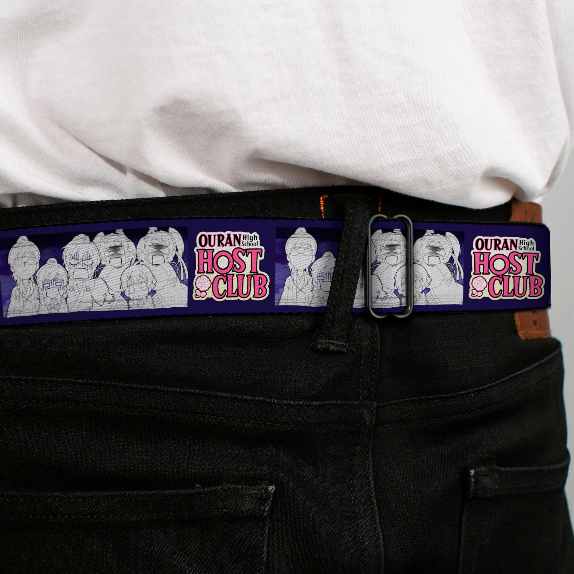 OURAN HIGH SCHOOL HOST CLUB Title Logo Full Color Black Seatbelt Belt - OURAN HIGH SCHOOL HOST CLUB Character Doodle and Title Logo Violet Webbing Seatbelt Belts Ouran High School Host Club