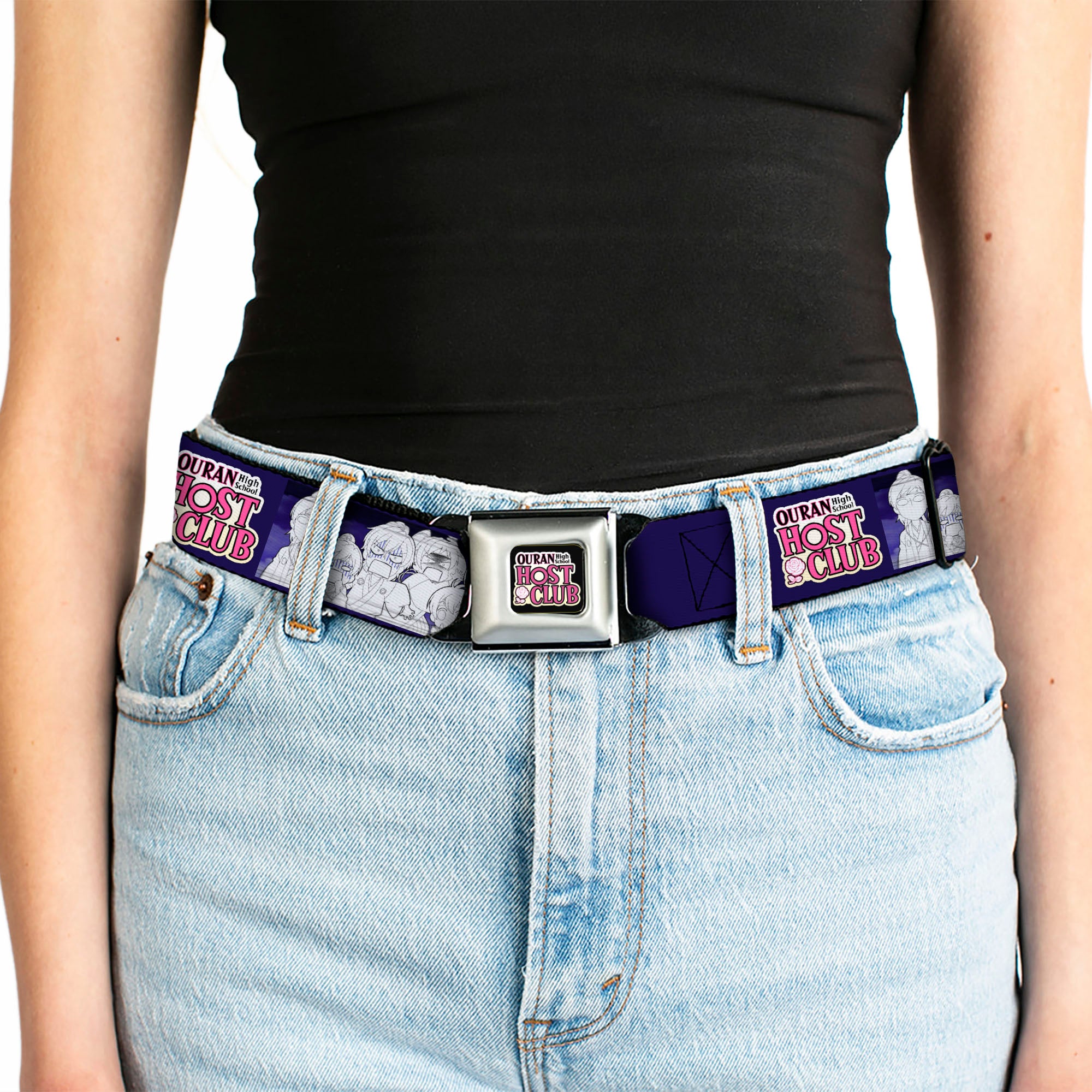 OURAN HIGH SCHOOL HOST CLUB Title Logo Full Color Black Seatbelt Belt - OURAN HIGH SCHOOL HOST CLUB Character Doodle and Title Logo Violet Webbing Seatbelt Belts Ouran High School Host Club