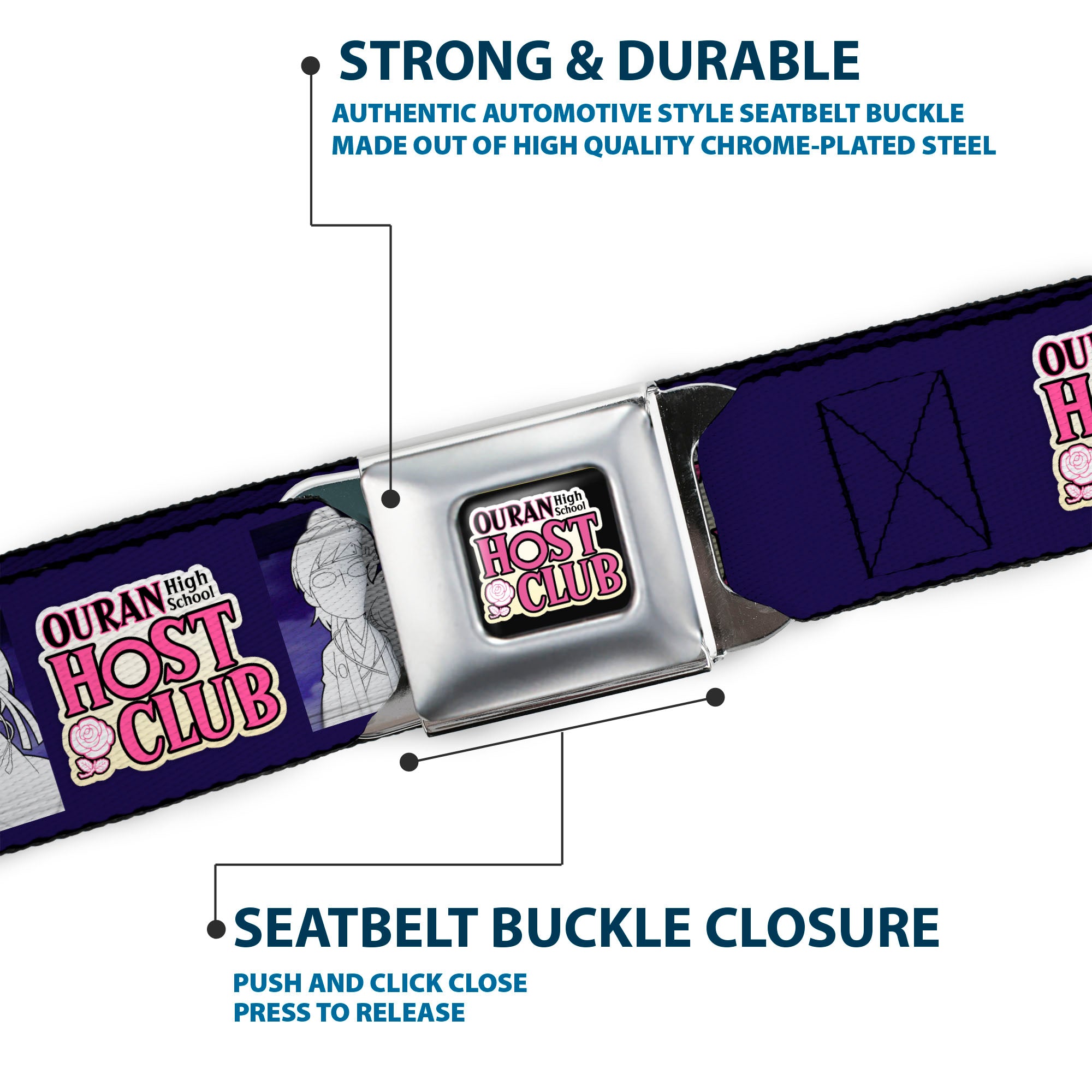 OURAN HIGH SCHOOL HOST CLUB Title Logo Full Color Black Seatbelt Belt - OURAN HIGH SCHOOL HOST CLUB Character Doodle and Title Logo Violet Webbing Seatbelt Belts Ouran High School Host Club