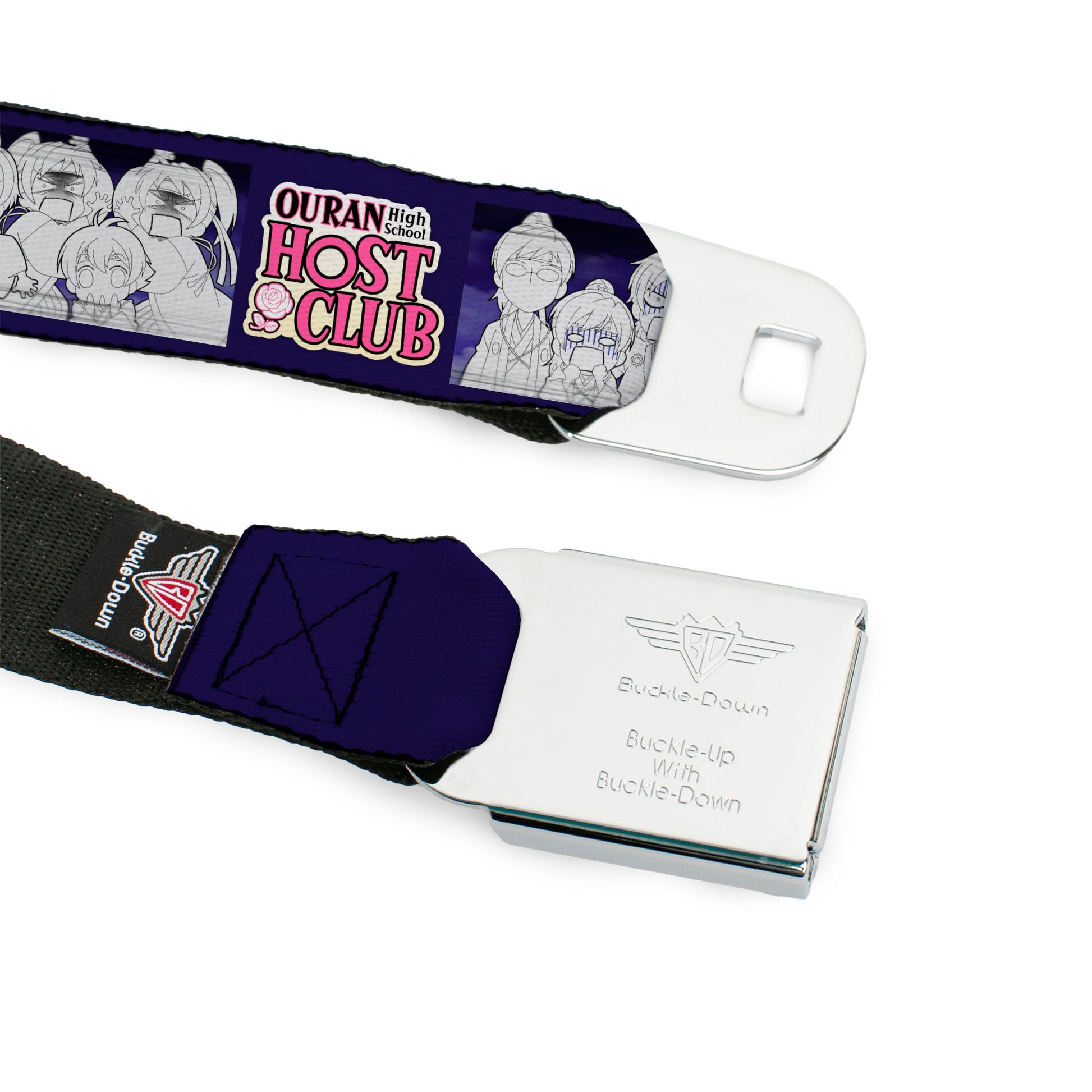 OURAN HIGH SCHOOL HOST CLUB Title Logo Full Color Black Seatbelt Belt - OURAN HIGH SCHOOL HOST CLUB Character Doodle and Title Logo Violet Webbing Seatbelt Belts Ouran High School Host Club