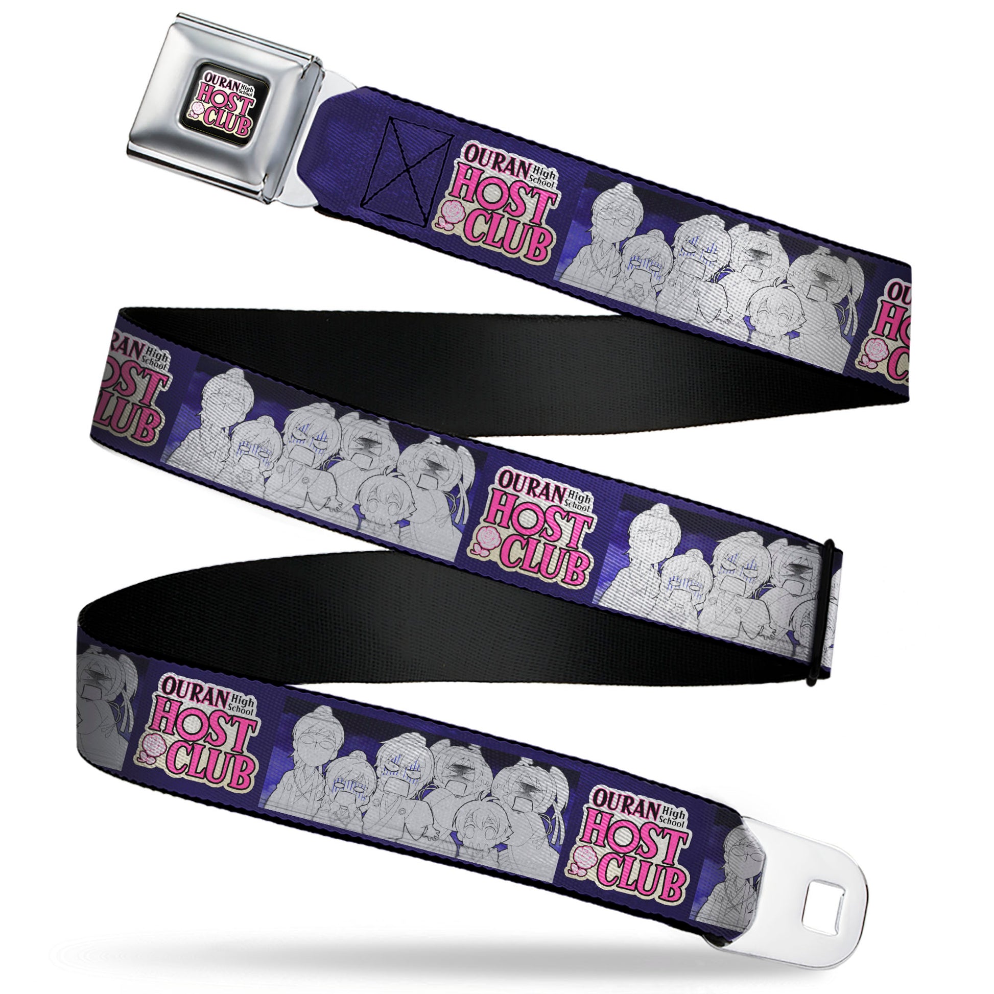 OURAN HIGH SCHOOL HOST CLUB Title Logo Full Color Black Seatbelt Belt - OURAN HIGH SCHOOL HOST CLUB Character Doodle and Title Logo Violet Webbing Seatbelt Belts Ouran High School Host Club