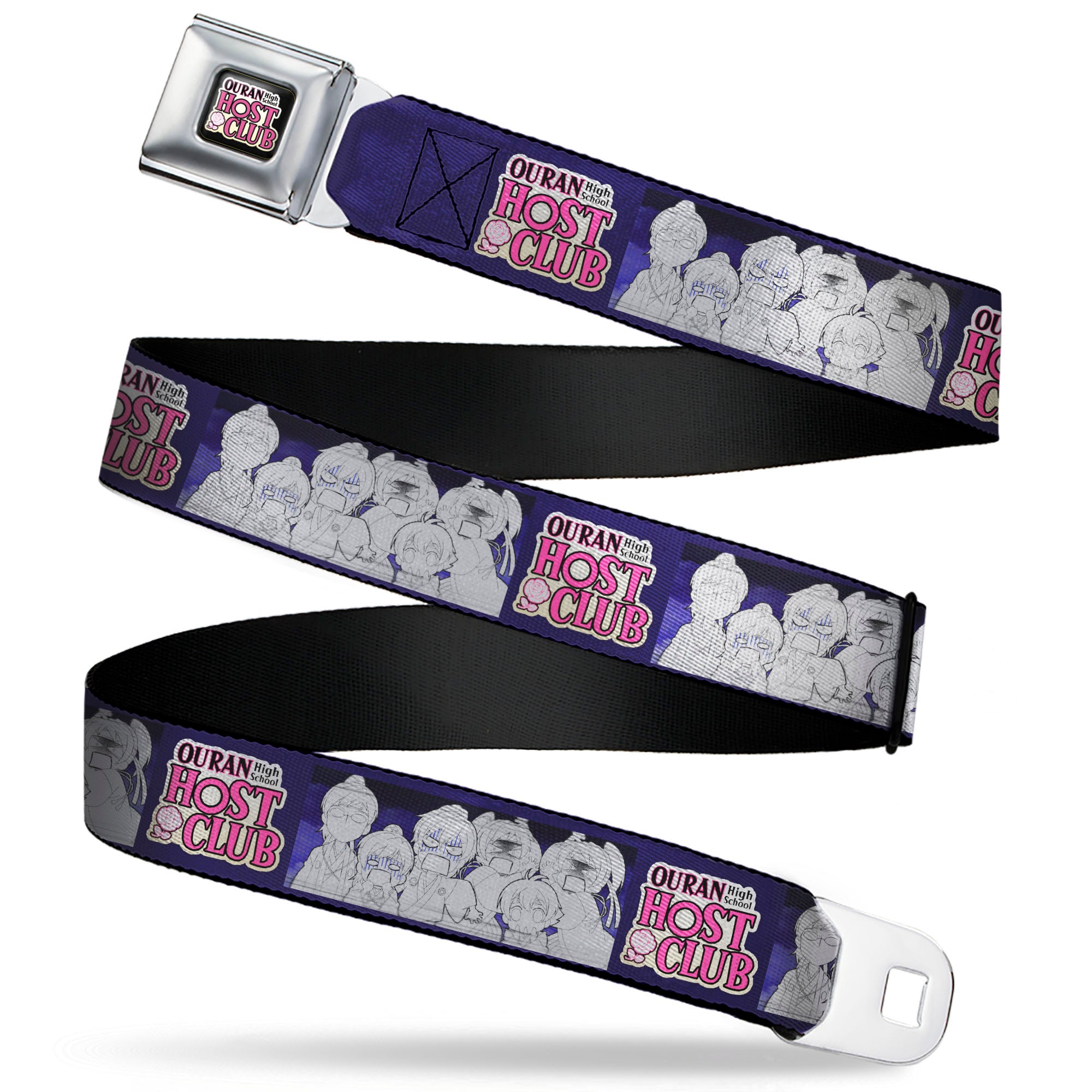 OURAN HIGH SCHOOL HOST CLUB Title Logo Full Color Black Seatbelt Belt - OURAN HIGH SCHOOL HOST CLUB Character Doodle and Title Logo Violet Webbing Seatbelt Belts Ouran High School Host Club
