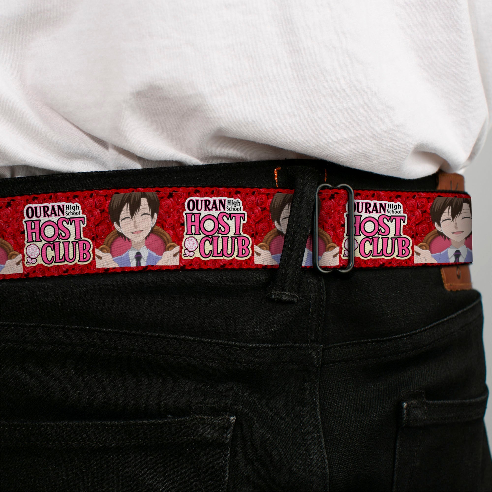 OURAN HIGH SCHOOL HOST CLUB Title Logo Full Color Black Seatbelt Belt - OURAN HIGH SCHOOL HOST CLUB Haruhi Smiling Pose with Roses and Title Logo Reds Webbing Seatbelt Belts Ouran High School Host Club