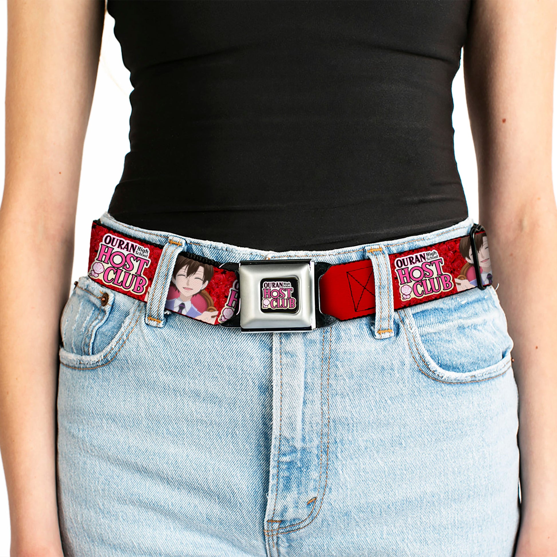 OURAN HIGH SCHOOL HOST CLUB Title Logo Full Color Black Seatbelt Belt - OURAN HIGH SCHOOL HOST CLUB Haruhi Smiling Pose with Roses and Title Logo Reds Webbing Seatbelt Belts Ouran High School Host Club