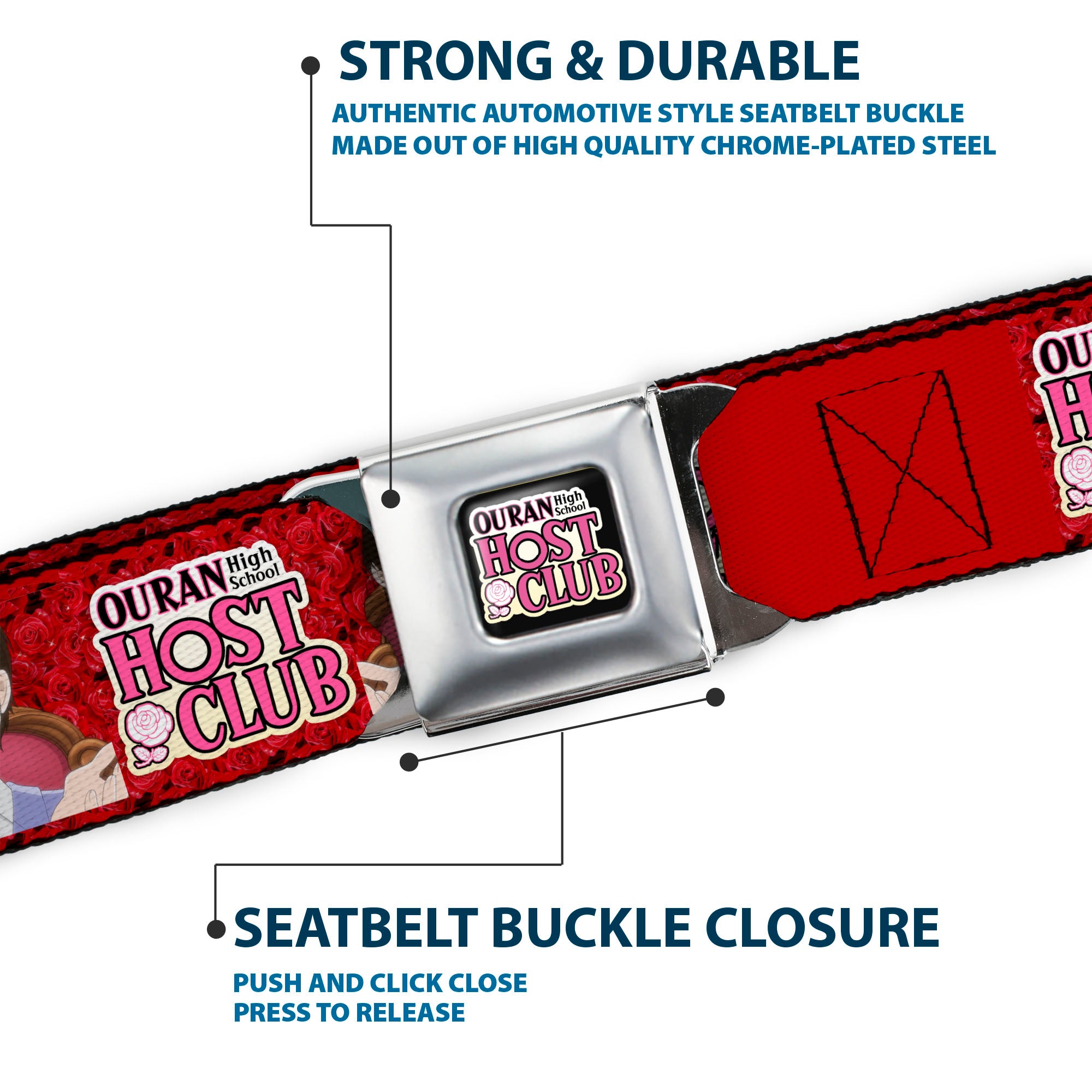 OURAN HIGH SCHOOL HOST CLUB Title Logo Full Color Black Seatbelt Belt - OURAN HIGH SCHOOL HOST CLUB Haruhi Smiling Pose with Roses and Title Logo Reds Webbing Seatbelt Belts Ouran High School Host Club