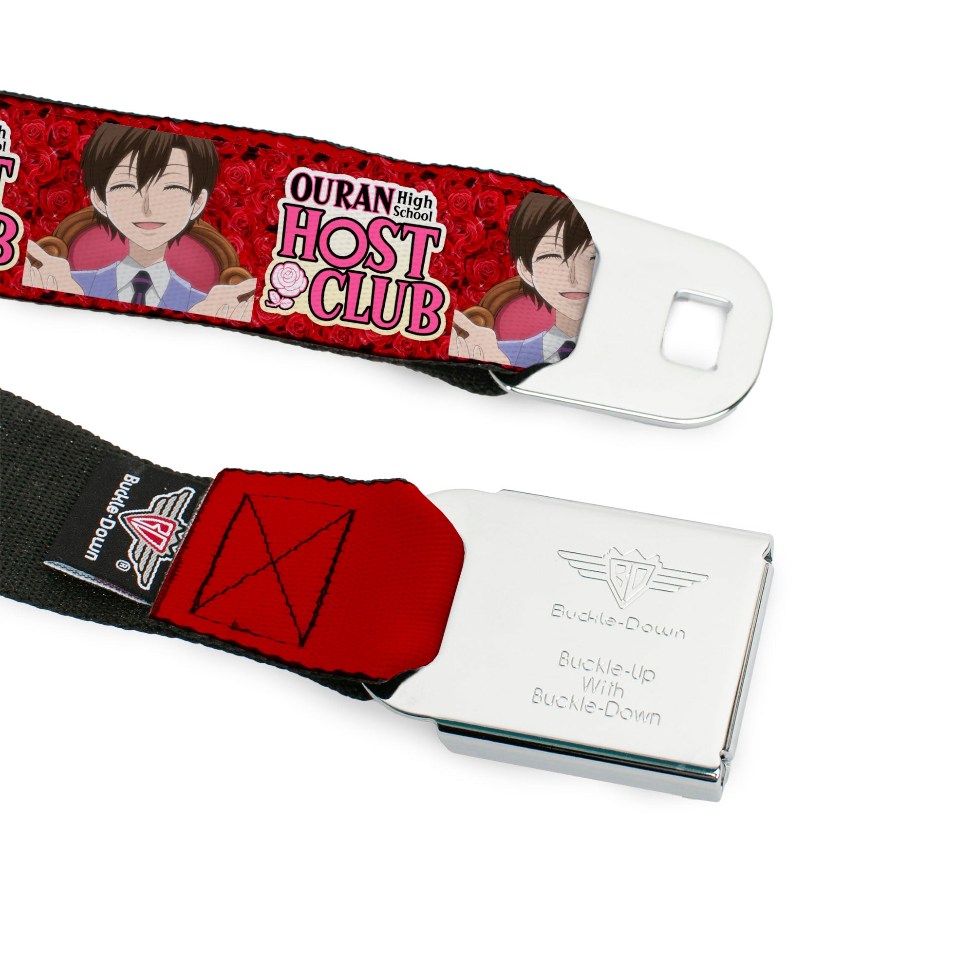 OURAN HIGH SCHOOL HOST CLUB Title Logo Full Color Black Seatbelt Belt - OURAN HIGH SCHOOL HOST CLUB Haruhi Smiling Pose with Roses and Title Logo Reds Webbing Seatbelt Belts Ouran High School Host Club