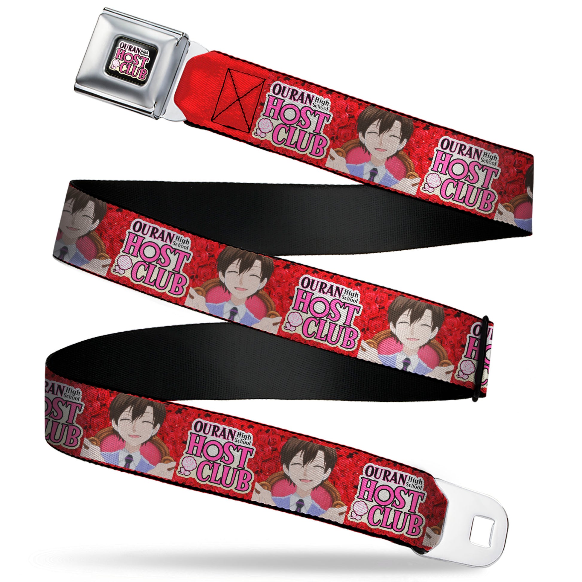 OURAN HIGH SCHOOL HOST CLUB Title Logo Full Color Black Seatbelt Belt - OURAN HIGH SCHOOL HOST CLUB Haruhi Smiling Pose with Roses and Title Logo Reds Webbing Seatbelt Belts Ouran High School Host Club