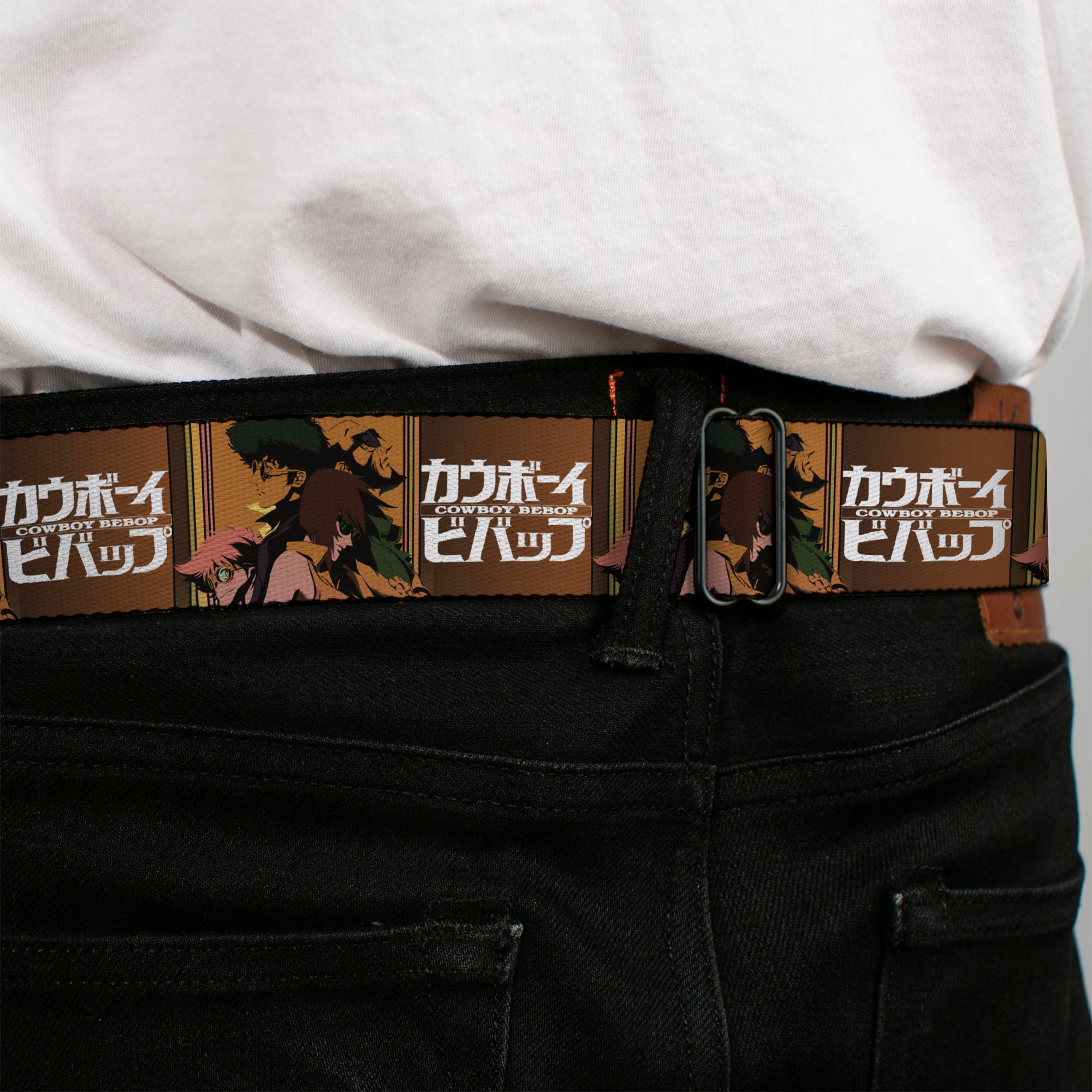 COWBOY BEBOP Title Logo Full Color Black/White Seatbelt Belt - COWBOY BEBOP Crew Group Pose and Title Logo Blocks Webbing Seatbelt Belts Cowboy Bebop