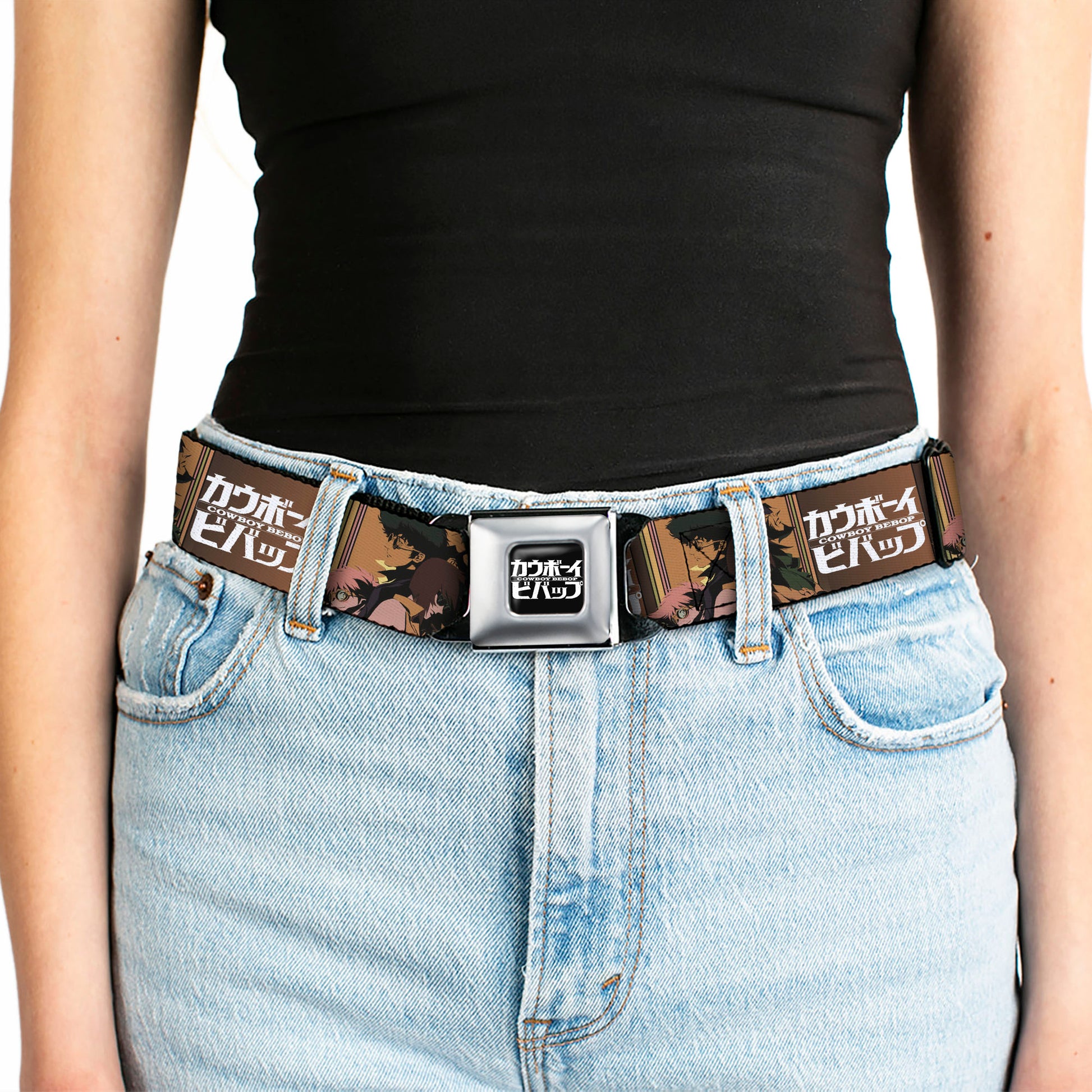 COWBOY BEBOP Title Logo Full Color Black/White Seatbelt Belt - COWBOY BEBOP Crew Group Pose and Title Logo Blocks Webbing Seatbelt Belts Cowboy Bebop