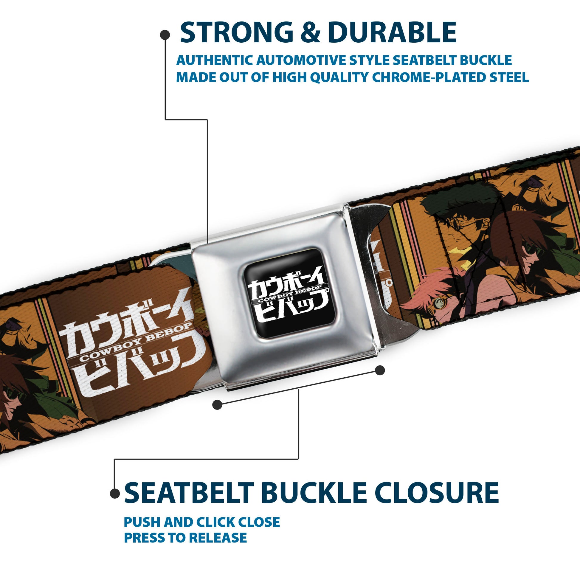 COWBOY BEBOP Title Logo Full Color Black/White Seatbelt Belt - COWBOY BEBOP Crew Group Pose and Title Logo Blocks Webbing Seatbelt Belts Cowboy Bebop