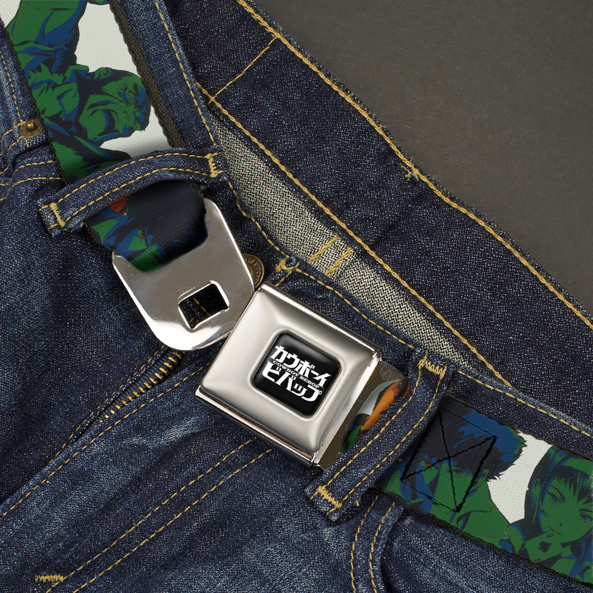 COWBOY BEBOP Title Logo Full Color Black/White Seatbelt Belt - COWBOY BEBOP Crew Group Pose and Title Logo White/Black/Greens Webbing Seatbelt Belts Cowboy Bebop