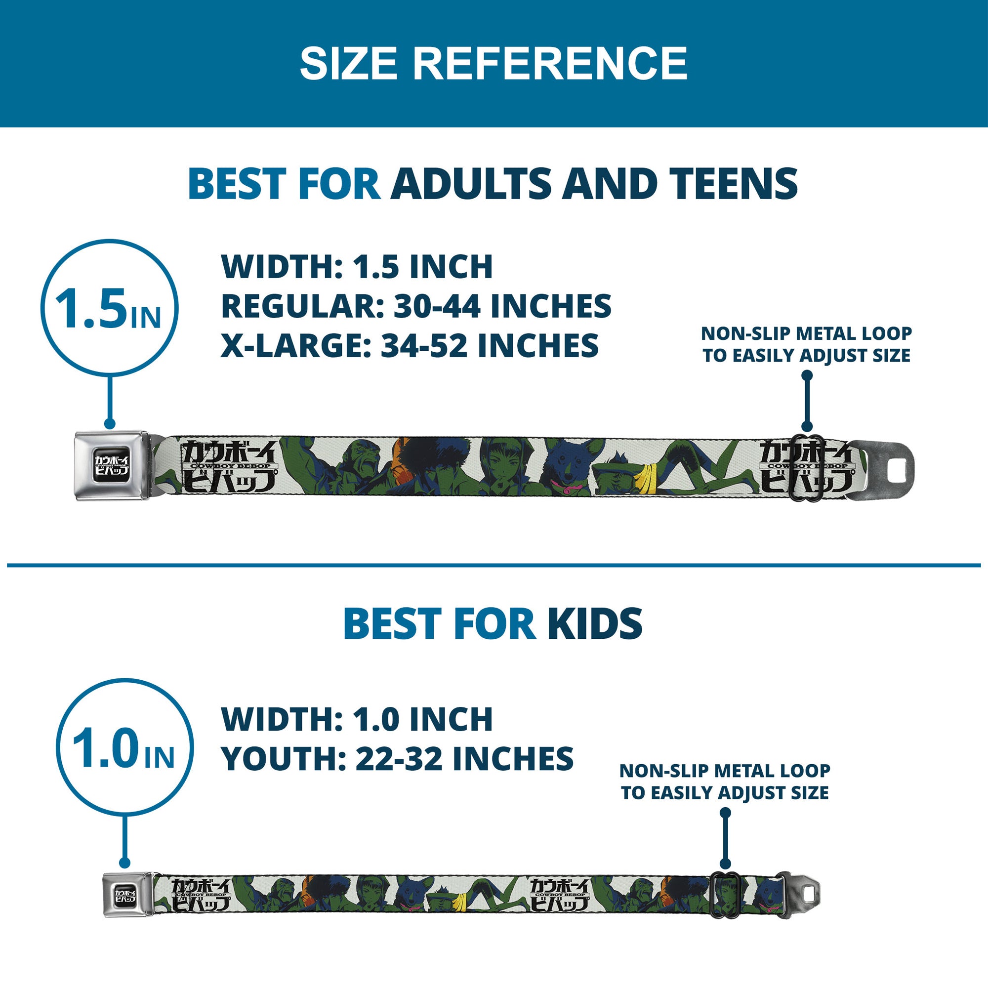 COWBOY BEBOP Title Logo Full Color Black/White Seatbelt Belt - COWBOY BEBOP Crew Group Pose and Title Logo White/Black/Greens Webbing Seatbelt Belts Cowboy Bebop