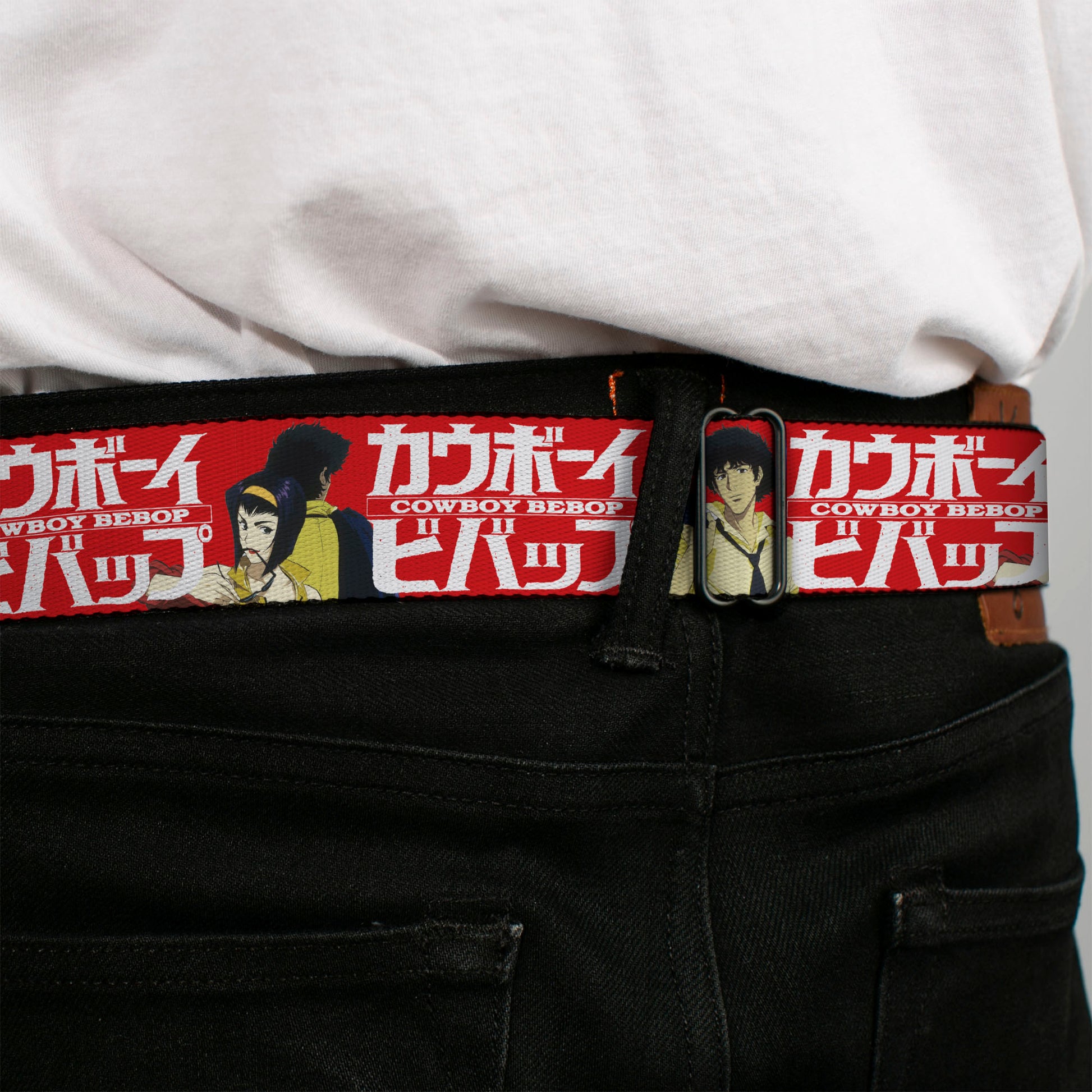 COWBOY BEBOP Title Logo Full Color Black/White Seatbelt Belt - COWBOY BEBOP Spike and Faye Back to Back Pose and Title Logo Red/White Webbing Seatbelt Belts Crunchyroll