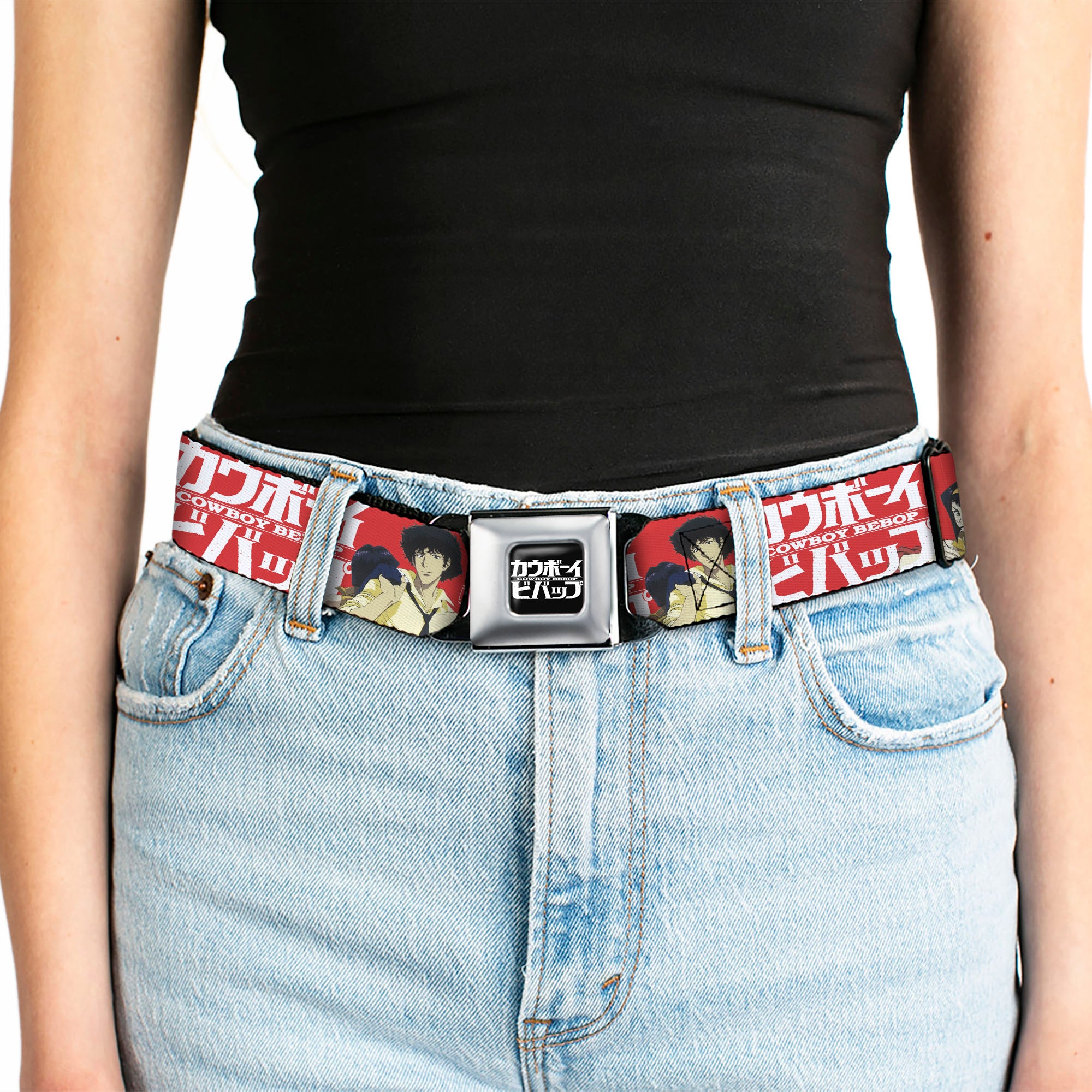 COWBOY BEBOP Title Logo Full Color Black/White Seatbelt Belt - COWBOY BEBOP Spike and Faye Back to Back Pose and Title Logo Red/White Webbing Seatbelt Belts Crunchyroll