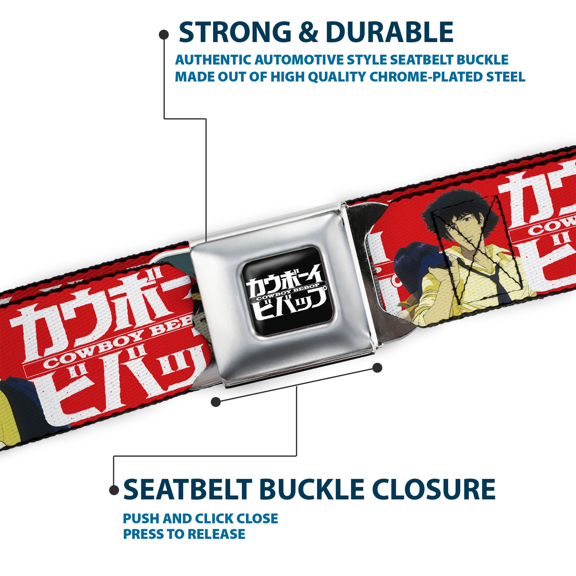 COWBOY BEBOP Title Logo Full Color Black/White Seatbelt Belt - COWBOY BEBOP Spike and Faye Back to Back Pose and Title Logo Red/White Webbing Seatbelt Belts Crunchyroll
