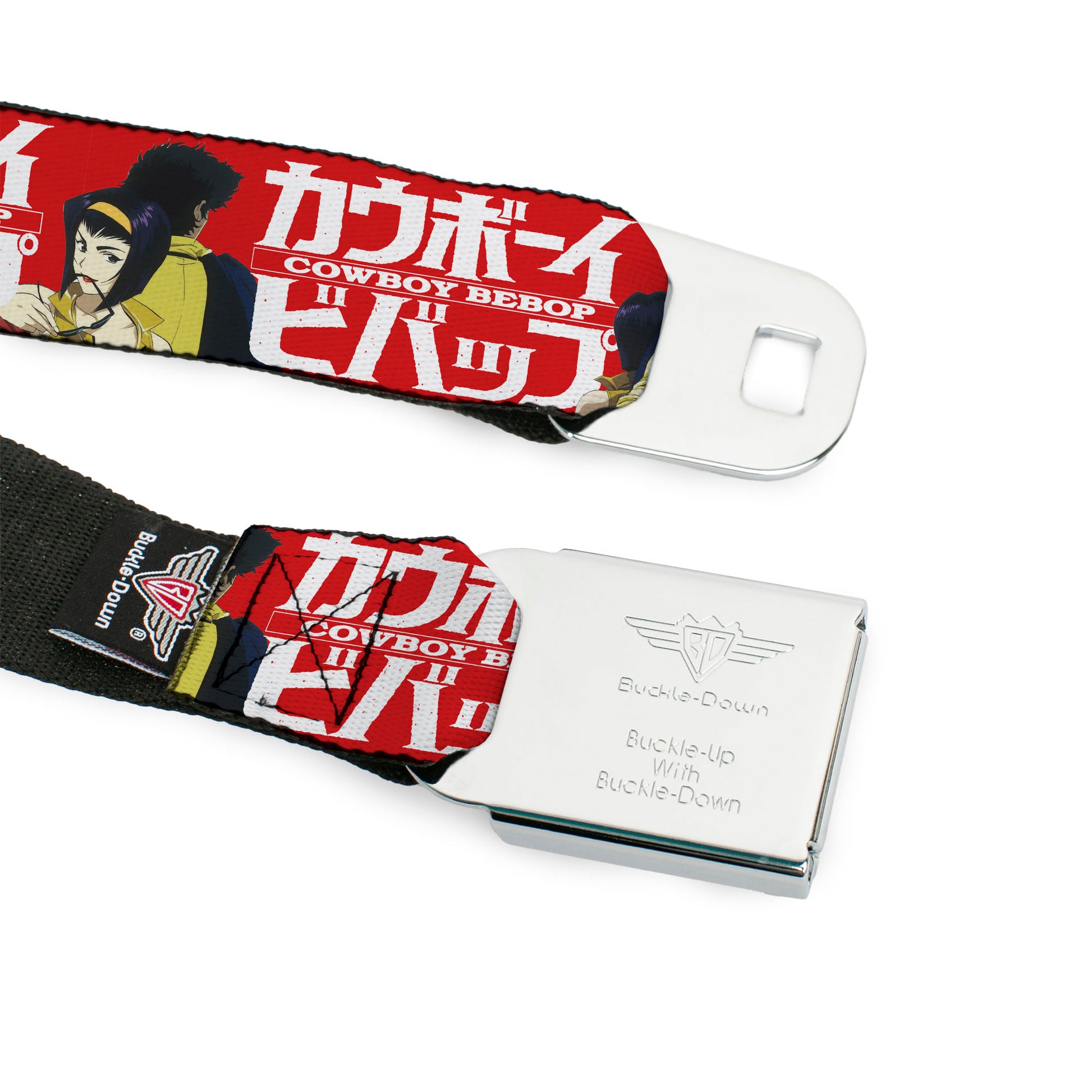 COWBOY BEBOP Title Logo Full Color Black/White Seatbelt Belt - COWBOY BEBOP Spike and Faye Back to Back Pose and Title Logo Red/White Webbing Seatbelt Belts Crunchyroll