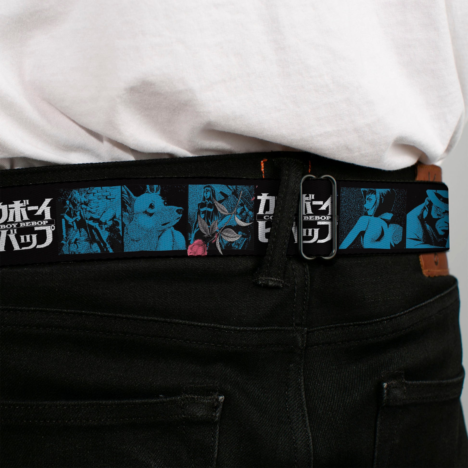 COWBOY BEBOP Title Logo Full Color Black/White Seatbelt Belt - COWBOY BEBOP Title Logo and Character Blocks Black/Blues Webbing Seatbelt Belts Cowboy Bebop