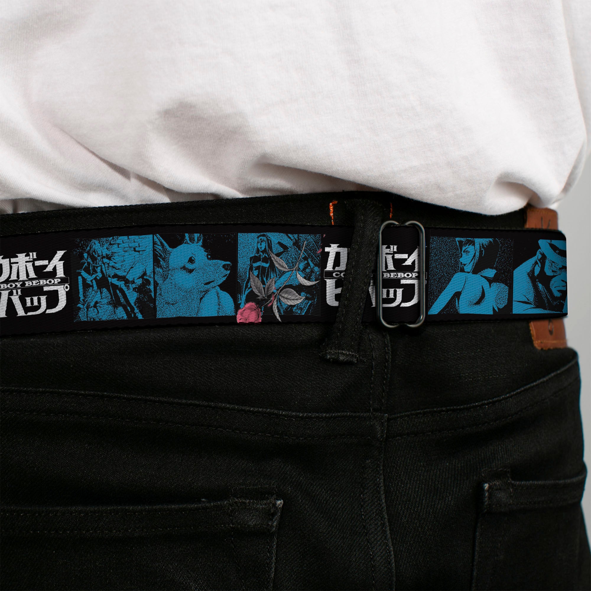 COWBOY BEBOP Title Logo Full Color Black/White Seatbelt Belt - COWBOY BEBOP Title Logo and Character Blocks Black/Blues Webbing Seatbelt Belts Cowboy Bebop