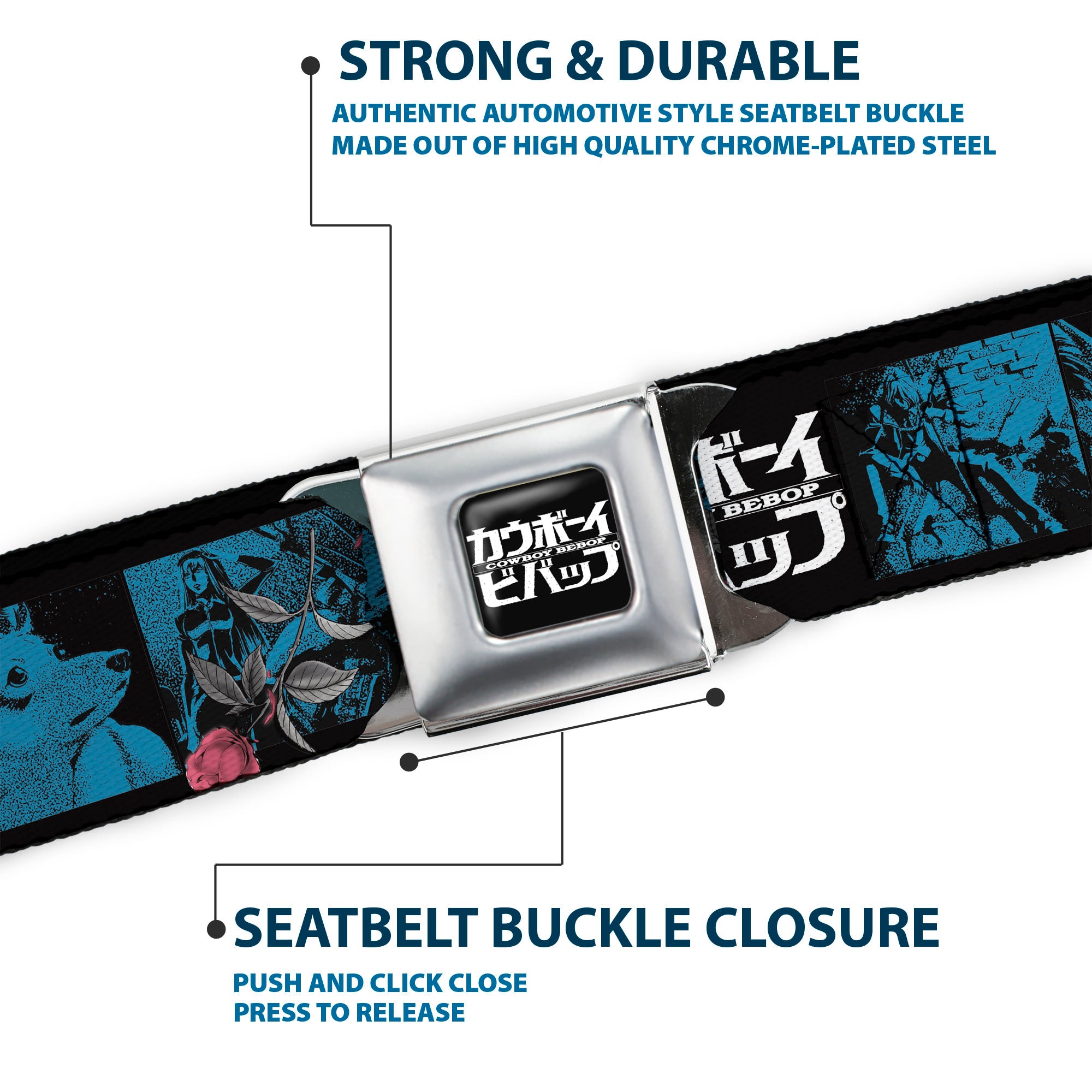 COWBOY BEBOP Title Logo Full Color Black/White Seatbelt Belt - COWBOY BEBOP Title Logo and Character Blocks Black/Blues Webbing Seatbelt Belts Cowboy Bebop