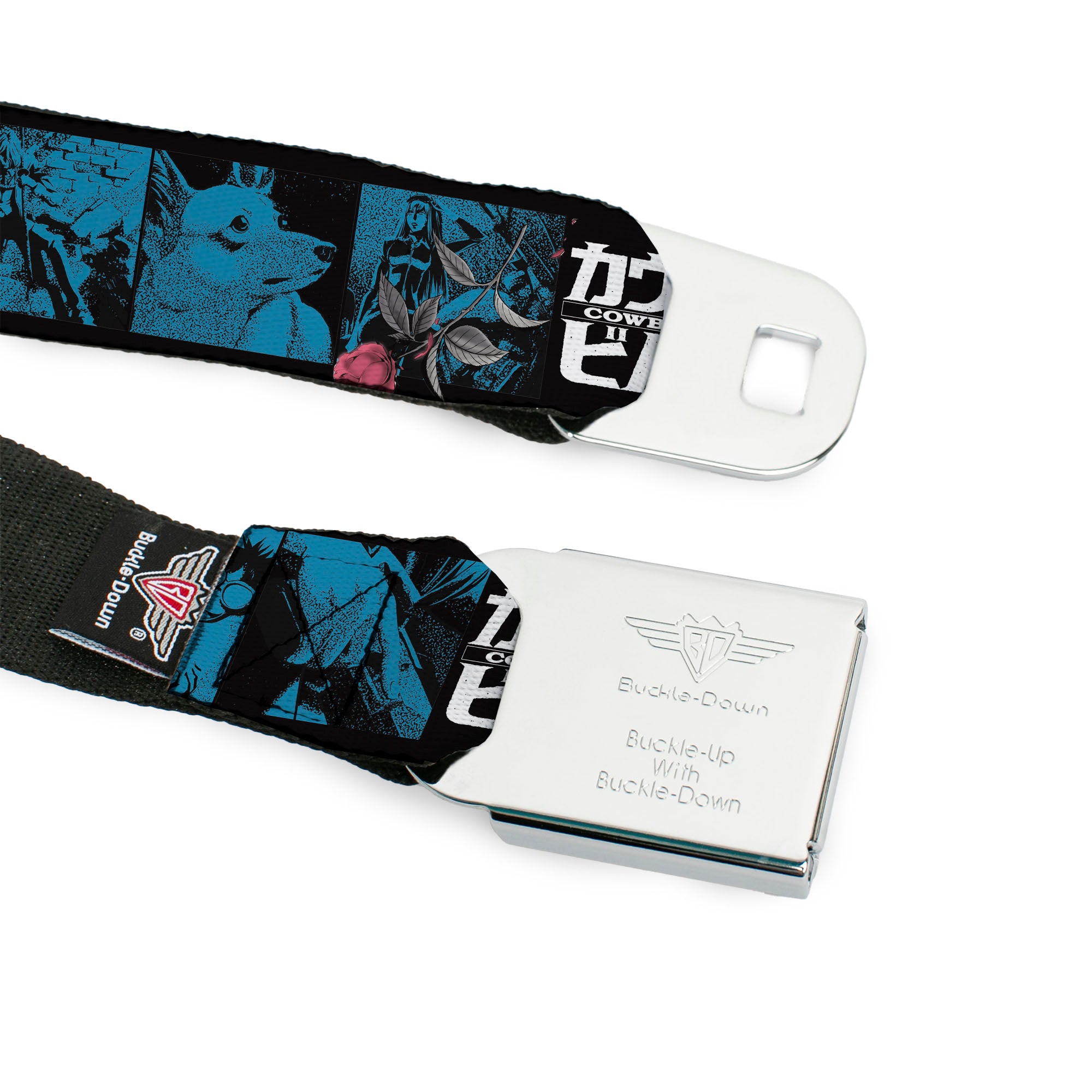 COWBOY BEBOP Title Logo Full Color Black/White Seatbelt Belt - COWBOY BEBOP Title Logo and Character Blocks Black/Blues Webbing Seatbelt Belts Cowboy Bebop