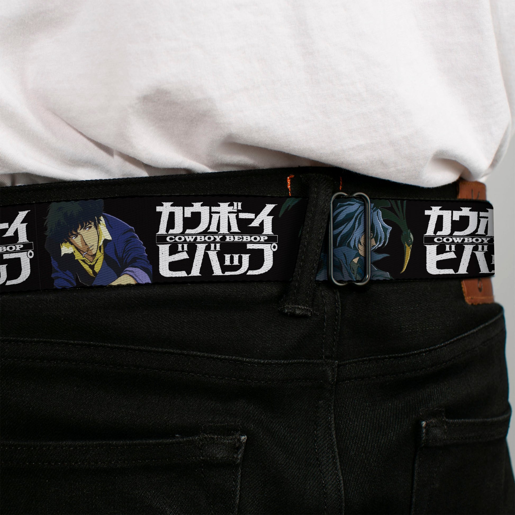 COWBOY BEBOP Title Logo Full Color Black/White Seatbelt Belt - COWBOY BEBOP Spike and Vicious Pose and Title Logo Black/Blues Webbing Seatbelt Belts Cowboy Bebop