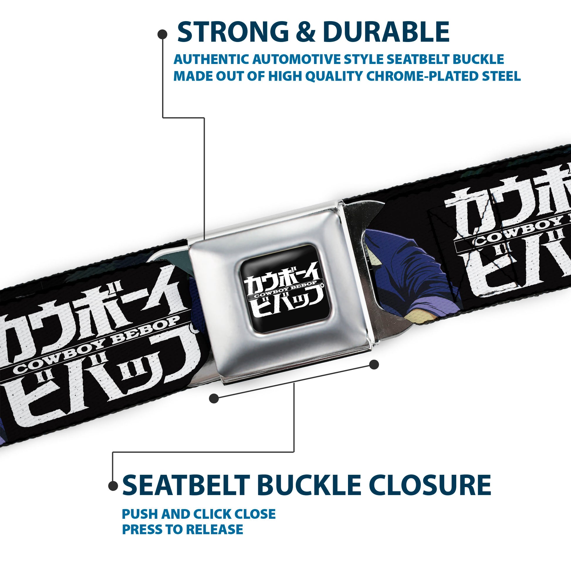 COWBOY BEBOP Title Logo Full Color Black/White Seatbelt Belt - COWBOY BEBOP Spike and Vicious Pose and Title Logo Black/Blues Webbing Seatbelt Belts Cowboy Bebop