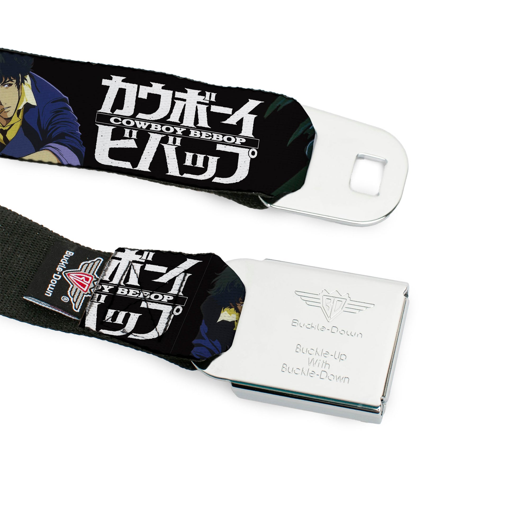 COWBOY BEBOP Title Logo Full Color Black/White Seatbelt Belt - COWBOY BEBOP Spike and Vicious Pose and Title Logo Black/Blues Webbing Seatbelt Belts Cowboy Bebop