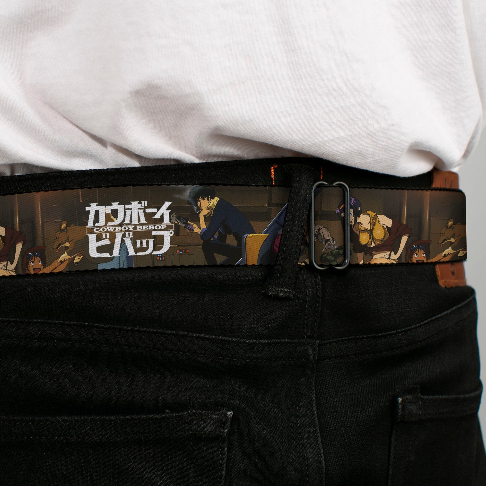 COWBOY BEBOP Title Logo Full Color Black/White Seatbelt Belt - COWBOY BEBOP Jet Black and Crew Bonsai Tree Scene and Title Logo Webbing Seatbelt Belts Cowboy Bebop