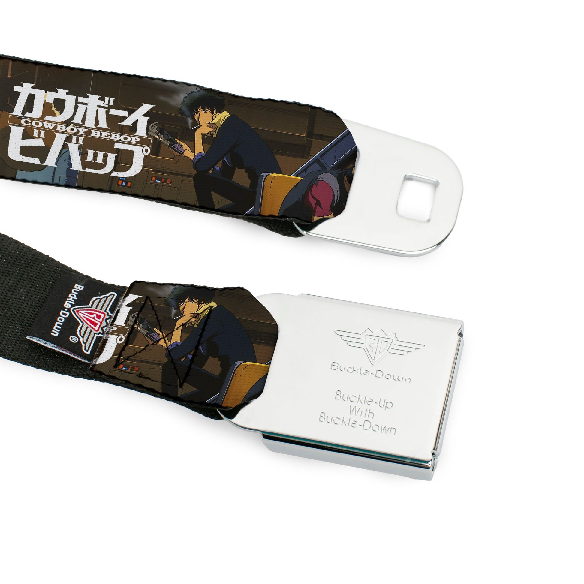 COWBOY BEBOP Title Logo Full Color Black/White Seatbelt Belt - COWBOY BEBOP Jet Black and Crew Bonsai Tree Scene and Title Logo Webbing Seatbelt Belts Cowboy Bebop