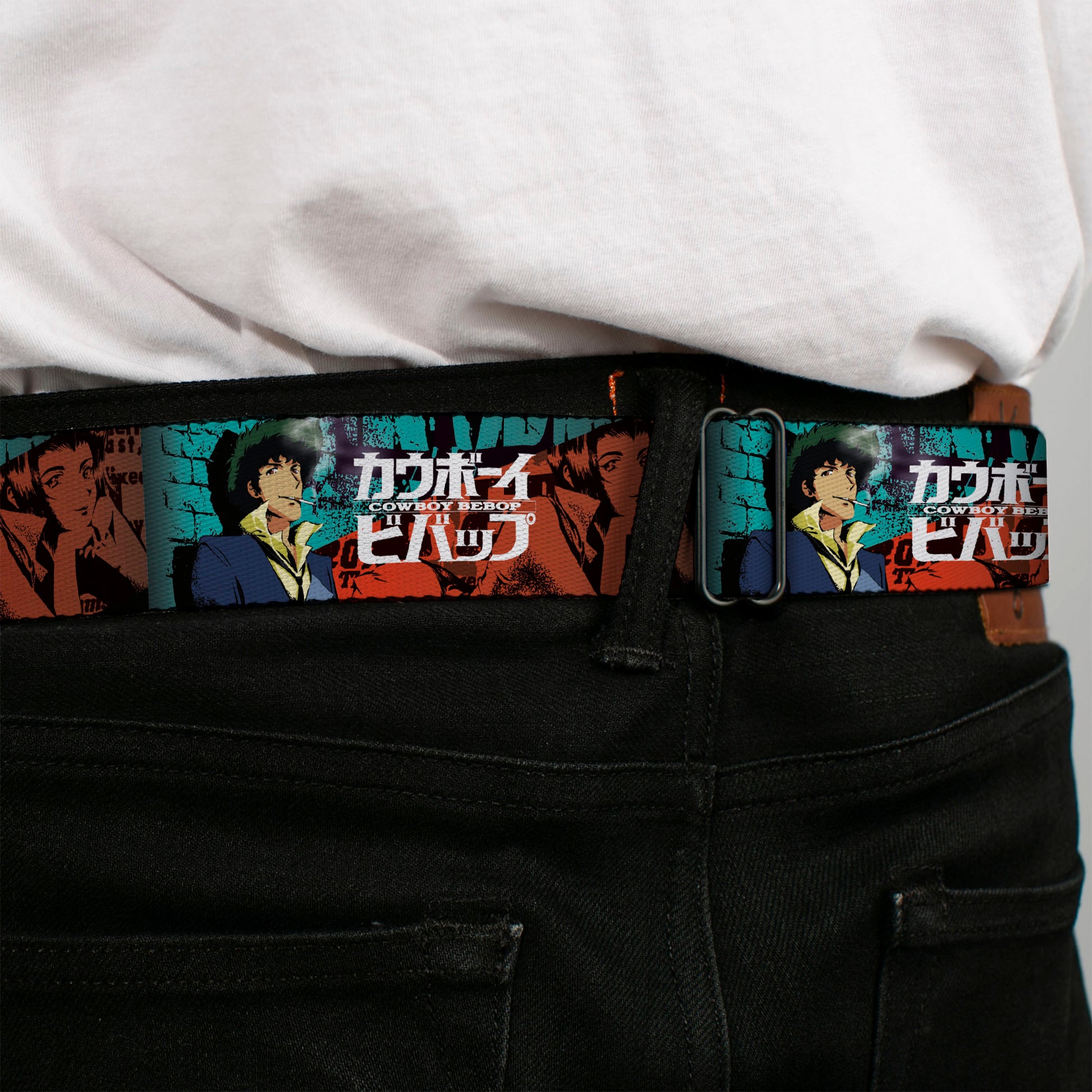 COWBOY BEBOP Title Logo Full Color Black/White Seatbelt Belt - COWBOY BEBOP Spike and Faye Brick Pose and Title Logo Blues/Reds Webbing Seatbelt Belts Crunchyroll