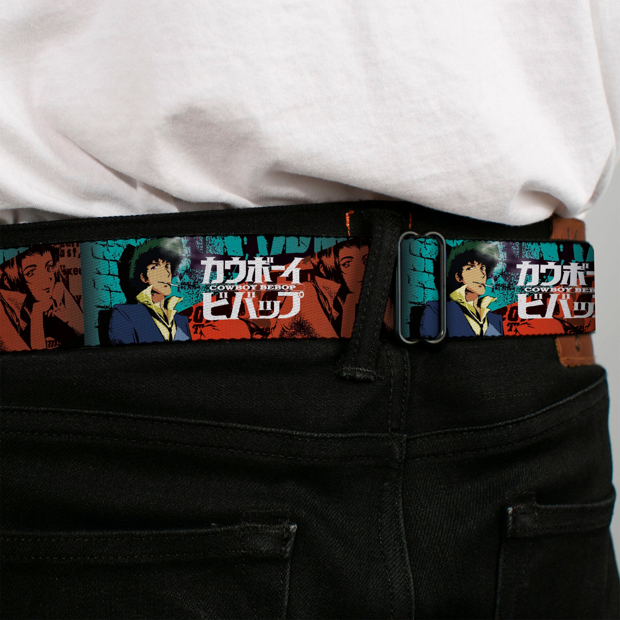 COWBOY BEBOP Title Logo Full Color Black/White Seatbelt Belt - COWBOY BEBOP Spike and Faye Brick Pose and Title Logo Blues/Reds Webbing Seatbelt Belts Crunchyroll