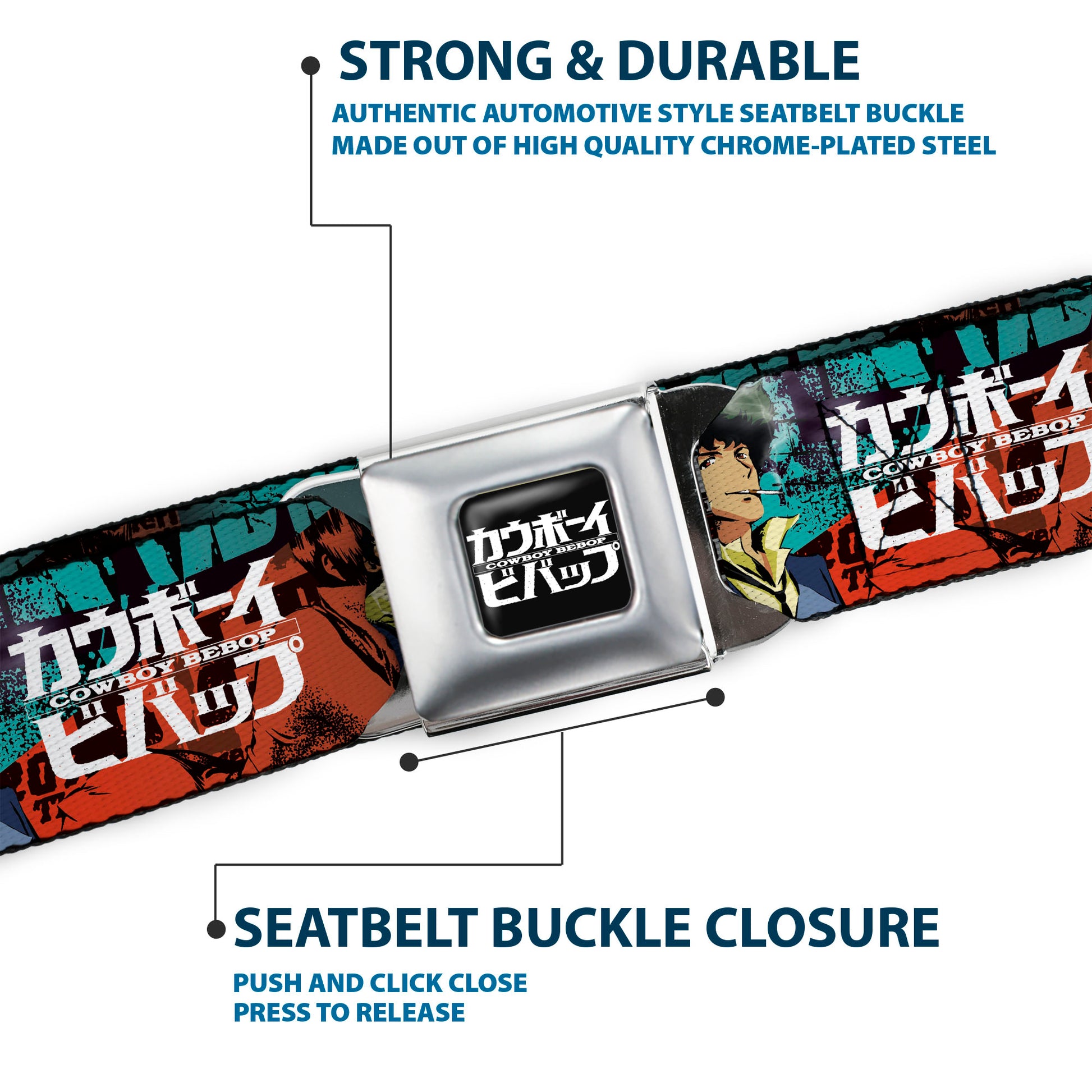COWBOY BEBOP Title Logo Full Color Black/White Seatbelt Belt - COWBOY BEBOP Spike and Faye Brick Pose and Title Logo Blues/Reds Webbing Seatbelt Belts Crunchyroll