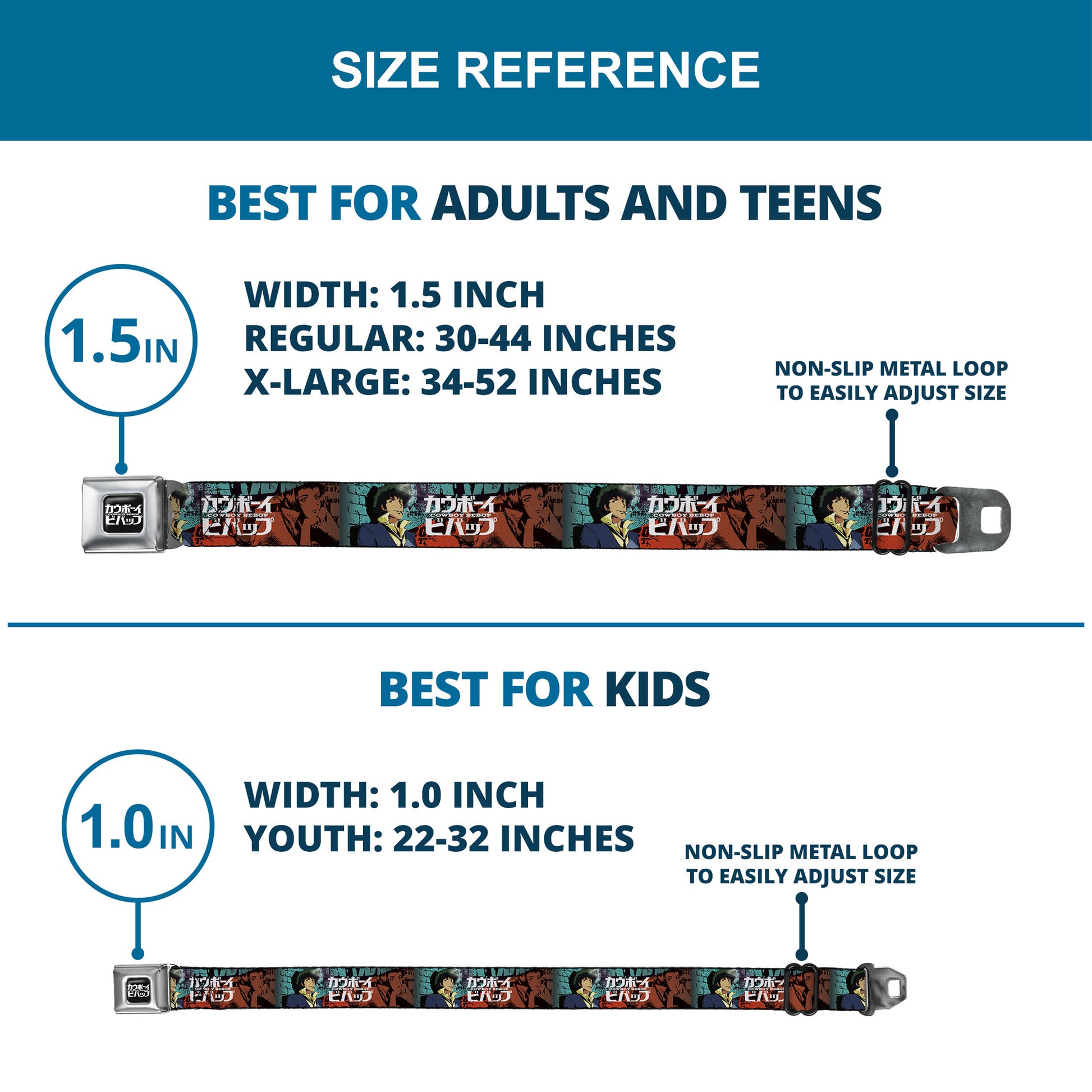 COWBOY BEBOP Title Logo Full Color Black/White Seatbelt Belt - COWBOY BEBOP Spike and Faye Brick Pose and Title Logo Blues/Reds Webbing Seatbelt Belts Crunchyroll