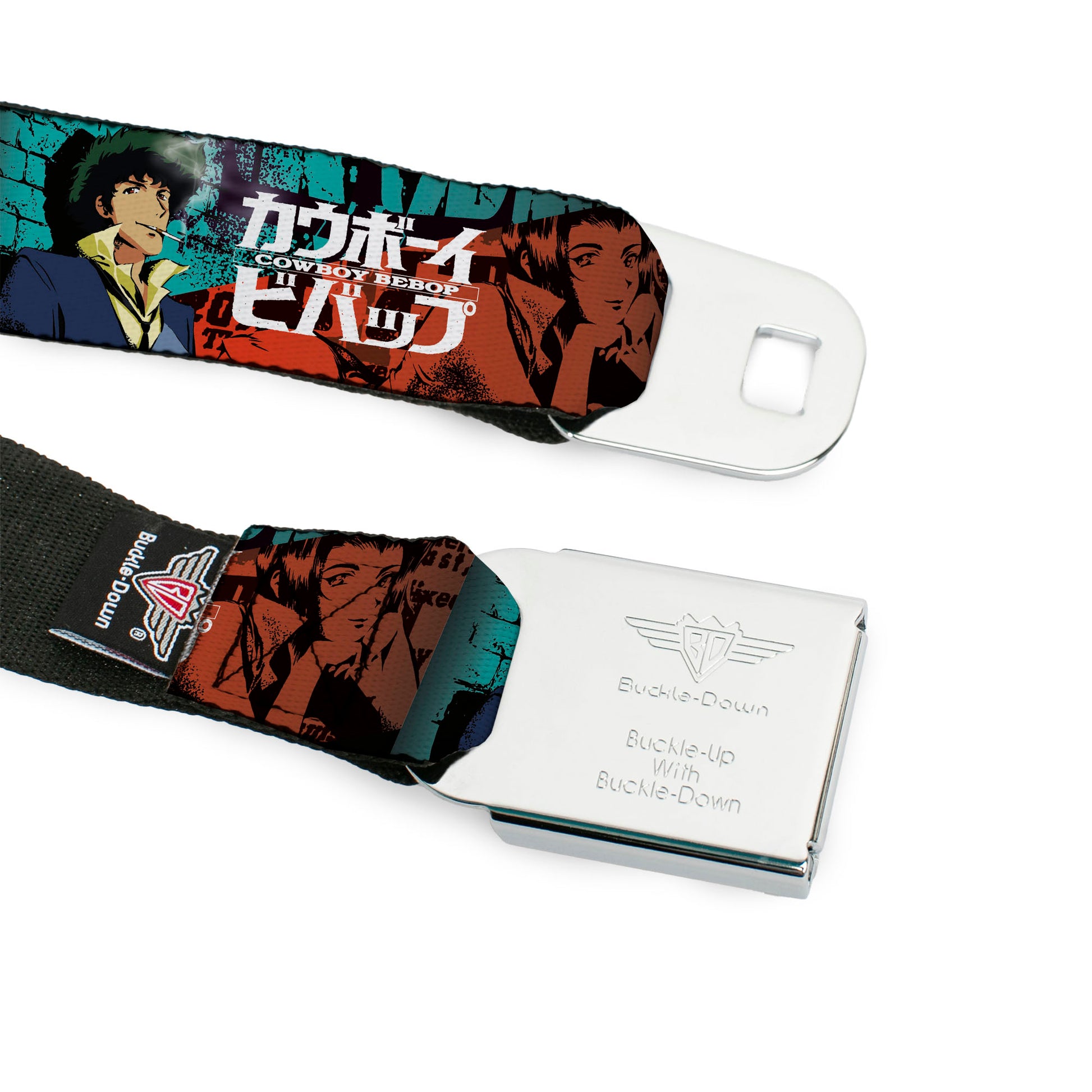 COWBOY BEBOP Title Logo Full Color Black/White Seatbelt Belt - COWBOY BEBOP Spike and Faye Brick Pose and Title Logo Blues/Reds Webbing Seatbelt Belts Crunchyroll