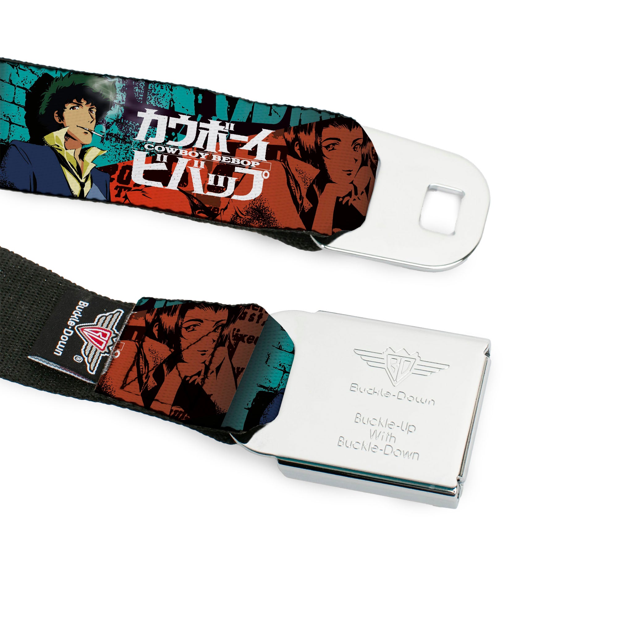 COWBOY BEBOP Title Logo Full Color Black/White Seatbelt Belt - COWBOY BEBOP Spike and Faye Brick Pose and Title Logo Blues/Reds Webbing Seatbelt Belts Crunchyroll