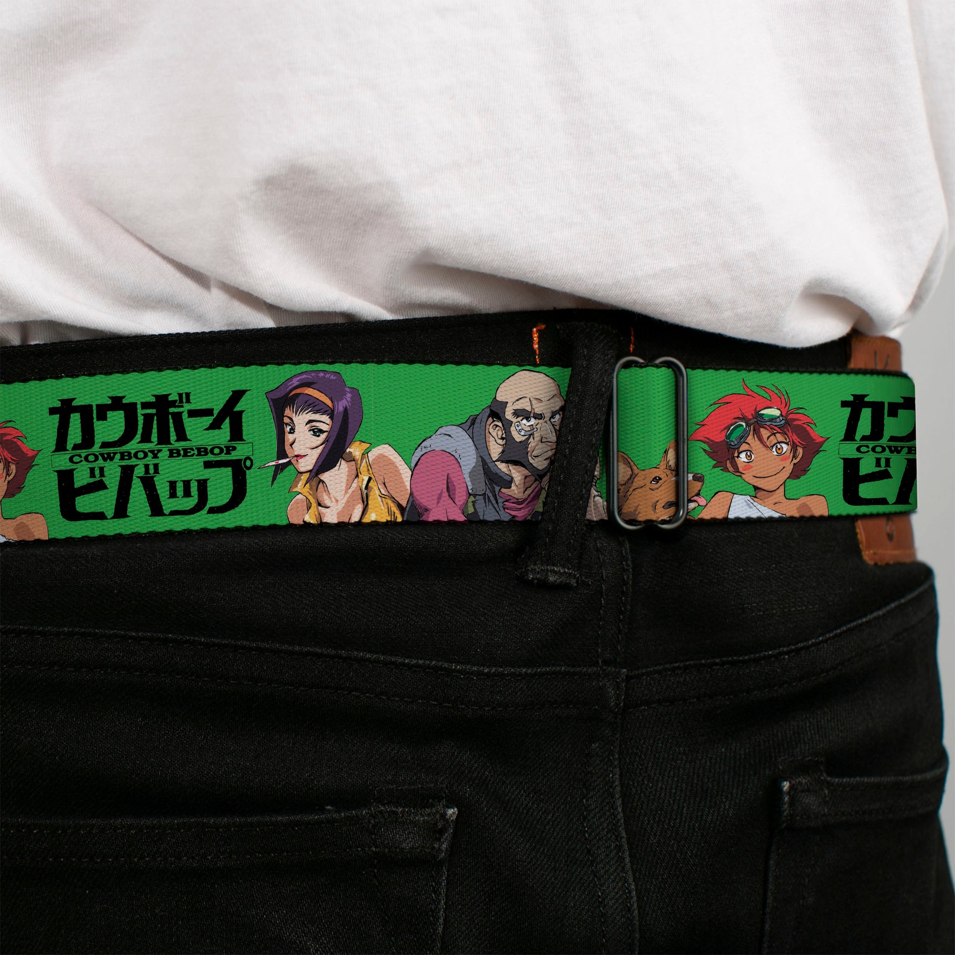 COWBOY BEBOP Title Logo Full Color Black/White Seatbelt Belt - COWBOY BEBOP Crew Group Pose and Title Logo Green/Black Webbing Seatbelt Belts Cowboy Bebop