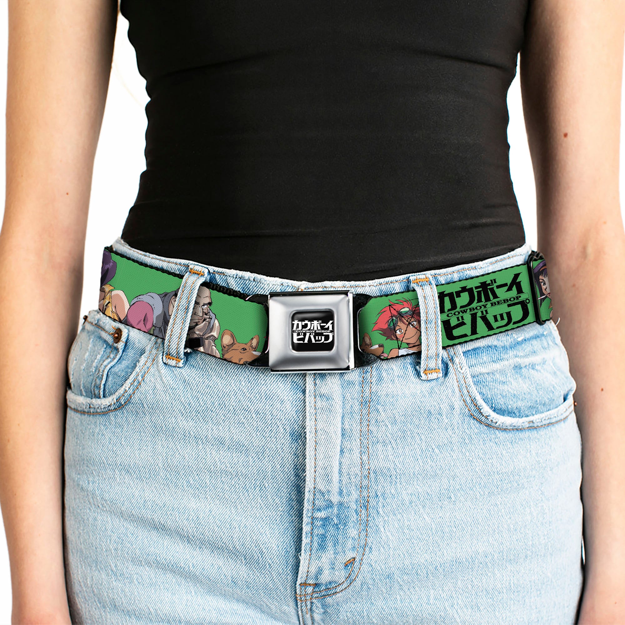 COWBOY BEBOP Title Logo Full Color Black/White Seatbelt Belt - COWBOY BEBOP Crew Group Pose and Title Logo Green/Black Webbing Seatbelt Belts Cowboy Bebop