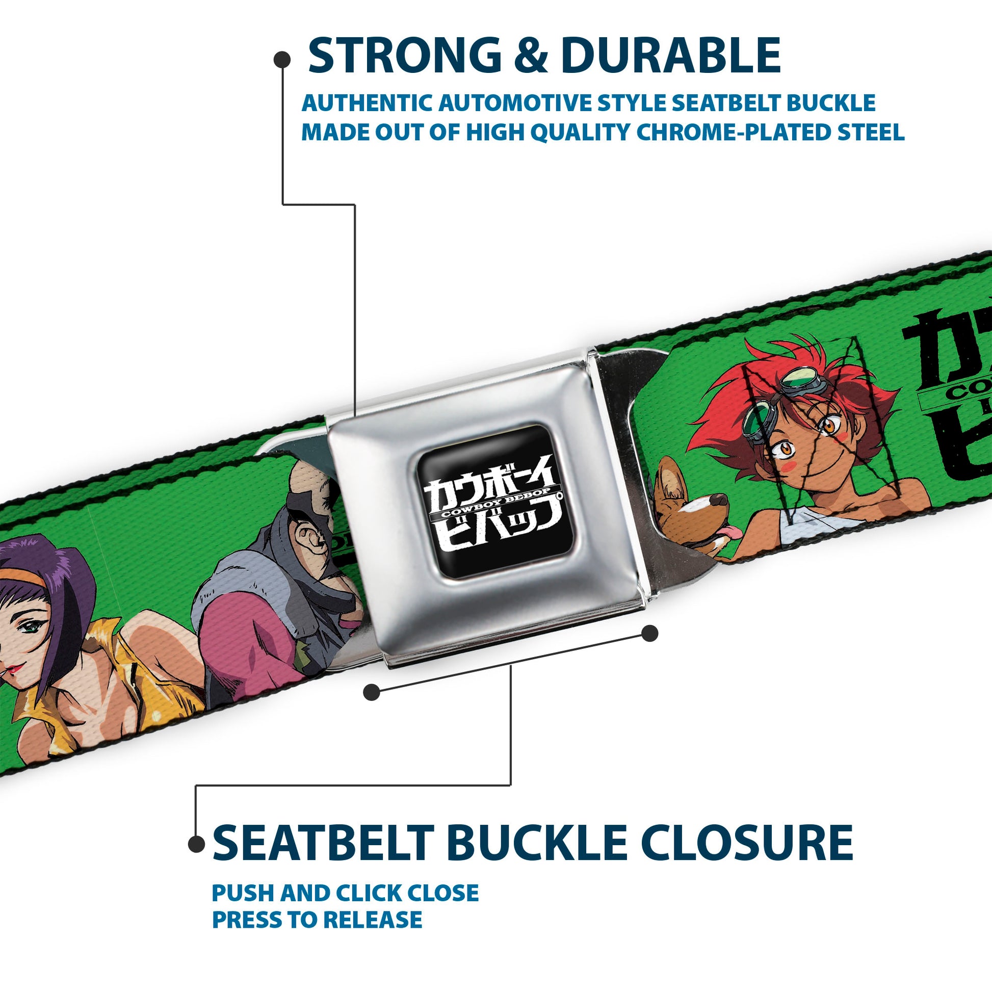 COWBOY BEBOP Title Logo Full Color Black/White Seatbelt Belt - COWBOY BEBOP Crew Group Pose and Title Logo Green/Black Webbing Seatbelt Belts Cowboy Bebop