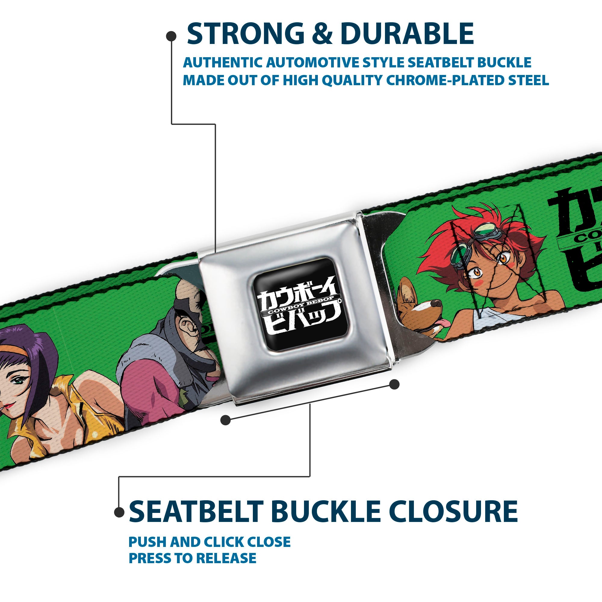 COWBOY BEBOP Title Logo Full Color Black/White Seatbelt Belt - COWBOY BEBOP Crew Group Pose and Title Logo Green/Black Webbing Seatbelt Belts Cowboy Bebop