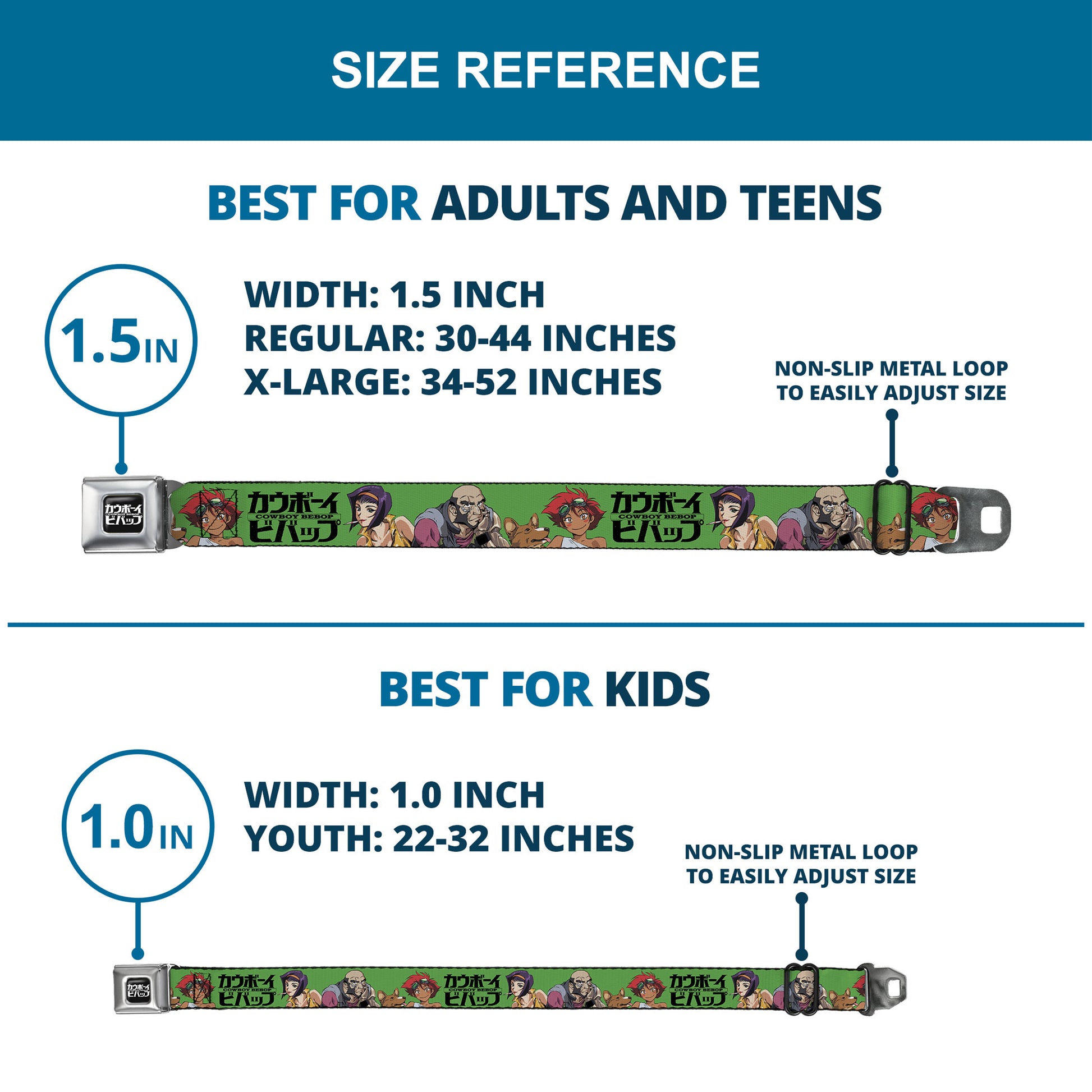 COWBOY BEBOP Title Logo Full Color Black/White Seatbelt Belt - COWBOY BEBOP Crew Group Pose and Title Logo Green/Black Webbing Seatbelt Belts Cowboy Bebop