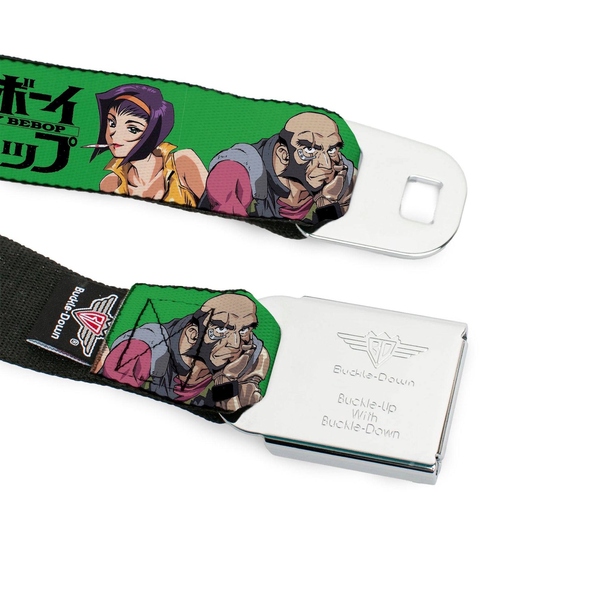 COWBOY BEBOP Title Logo Full Color Black/White Seatbelt Belt - COWBOY BEBOP Crew Group Pose and Title Logo Green/Black Webbing Seatbelt Belts Cowboy Bebop