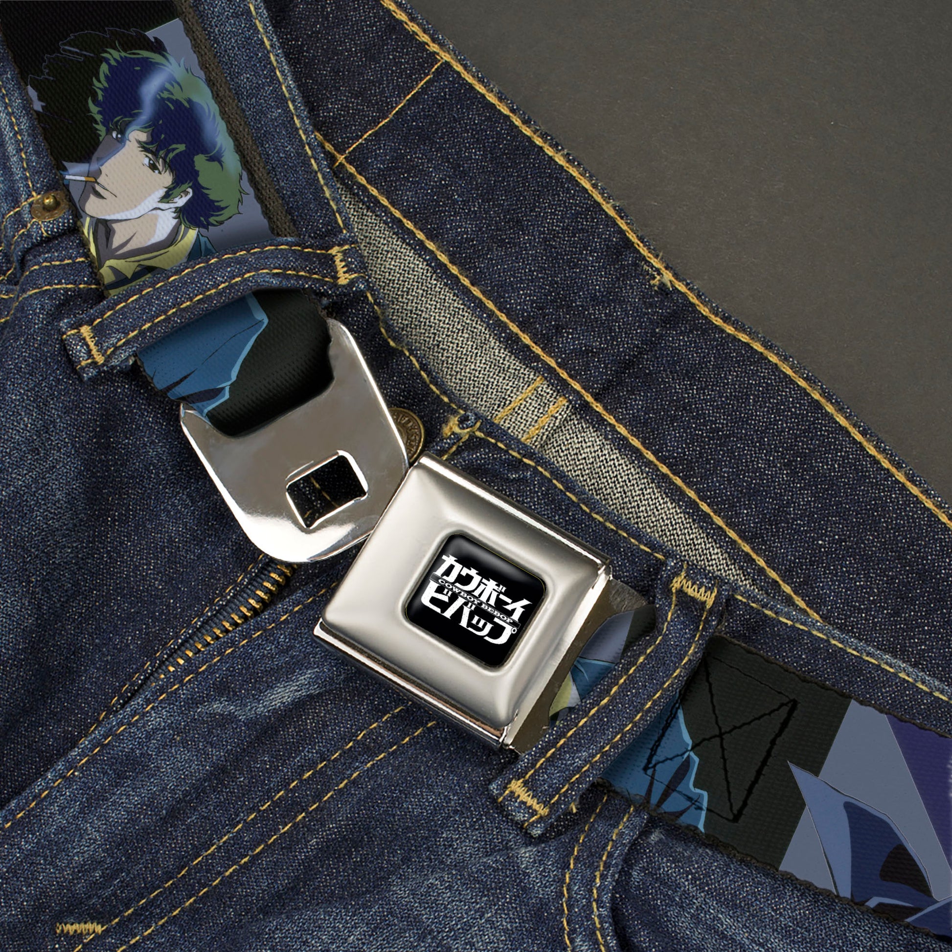 COWBOY BEBOP Title Logo Full Color Black/White Seatbelt Belt - COWBOY BEBOP Spike Vicious and Faye Pose and Title Logo Blues/Yellow Webbing Seatbelt Belts Crunchyroll