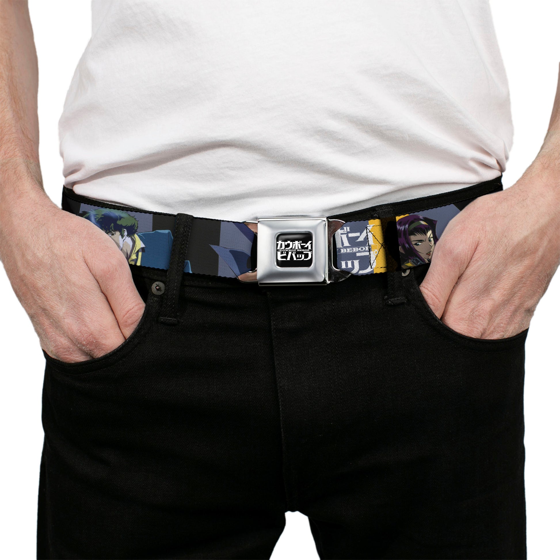 COWBOY BEBOP Title Logo Full Color Black/White Seatbelt Belt - COWBOY BEBOP Spike Vicious and Faye Pose and Title Logo Blues/Yellow Webbing Seatbelt Belts Crunchyroll