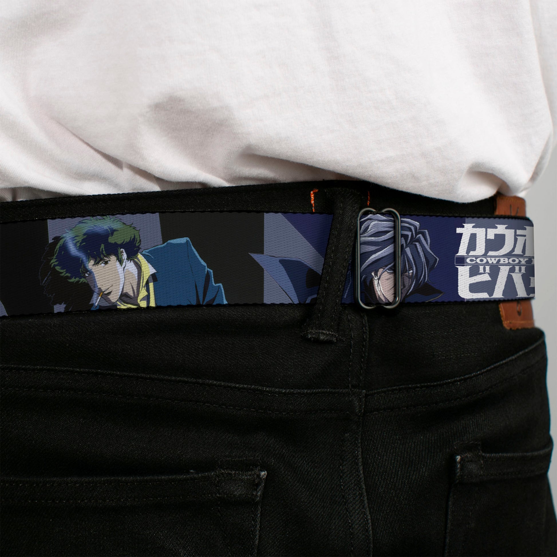 COWBOY BEBOP Title Logo Full Color Black/White Seatbelt Belt - COWBOY BEBOP Spike Vicious and Faye Pose and Title Logo Blues/Yellow Webbing Seatbelt Belts Crunchyroll