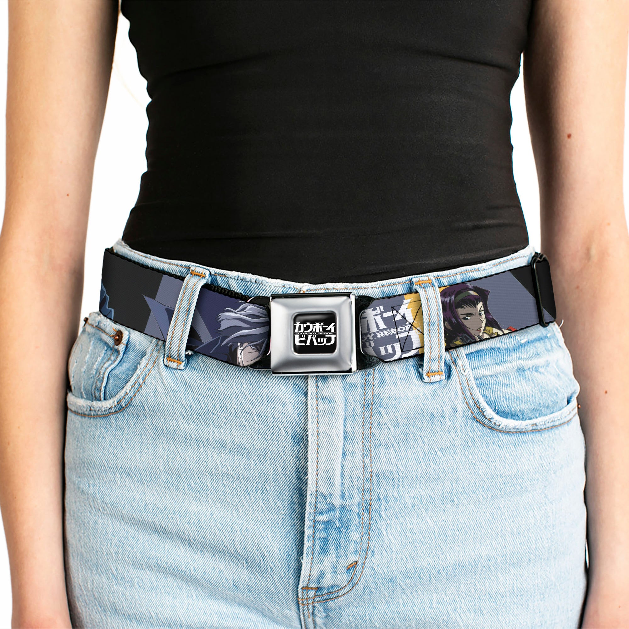 COWBOY BEBOP Title Logo Full Color Black/White Seatbelt Belt - COWBOY BEBOP Spike Vicious and Faye Pose and Title Logo Blues/Yellow Webbing Seatbelt Belts Crunchyroll