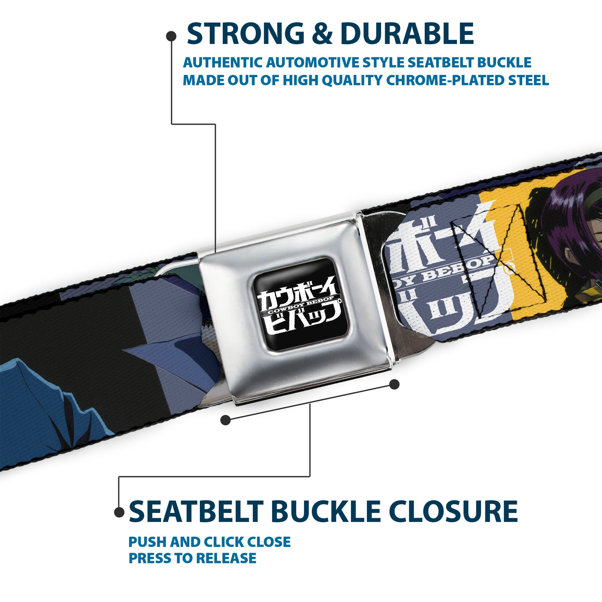 COWBOY BEBOP Title Logo Full Color Black/White Seatbelt Belt - COWBOY BEBOP Spike Vicious and Faye Pose and Title Logo Blues/Yellow Webbing Seatbelt Belts Crunchyroll