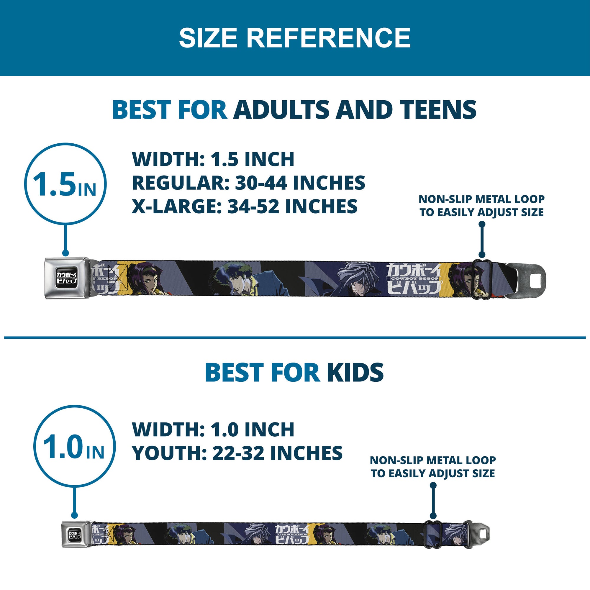 COWBOY BEBOP Title Logo Full Color Black/White Seatbelt Belt - COWBOY BEBOP Spike Vicious and Faye Pose and Title Logo Blues/Yellow Webbing Seatbelt Belts Crunchyroll