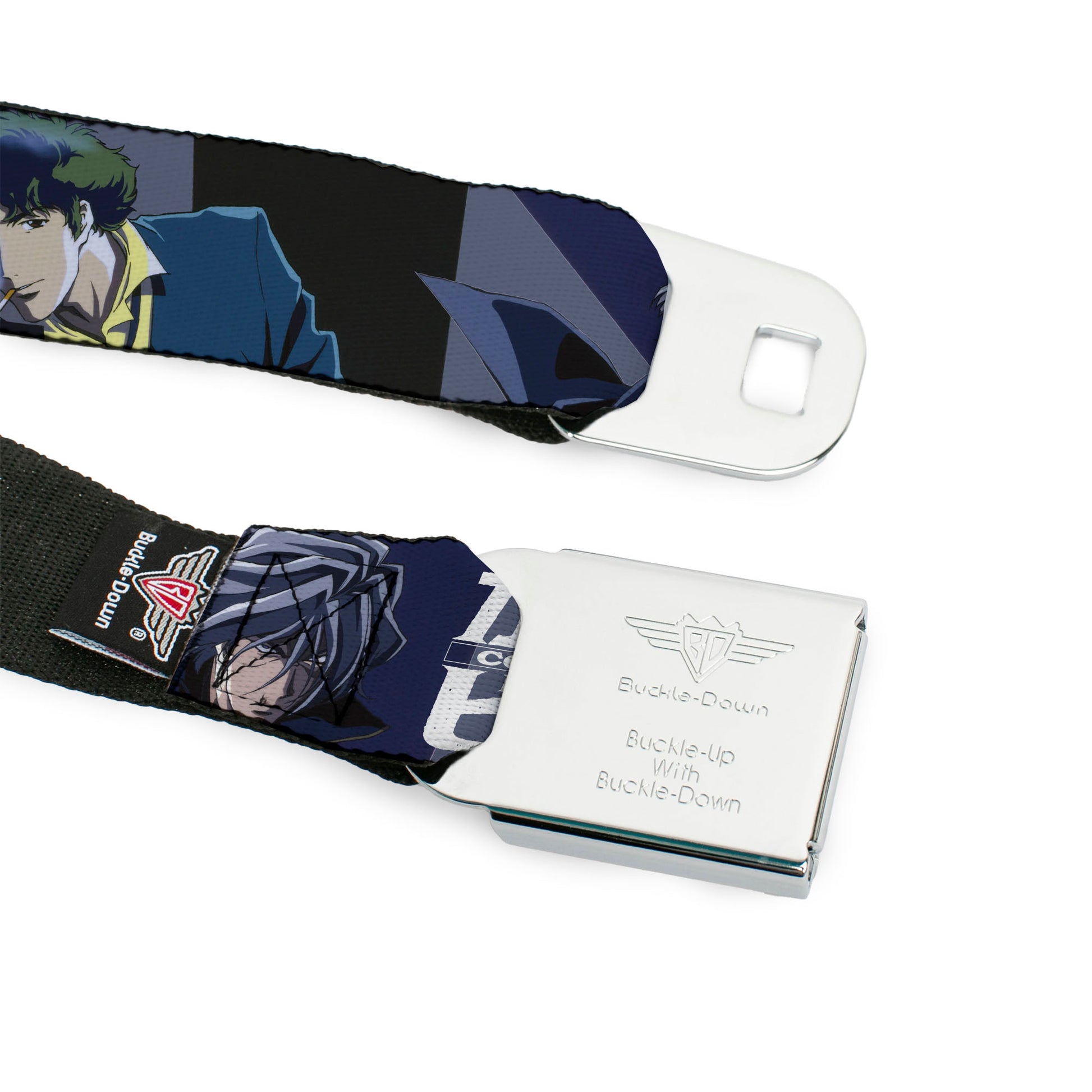 COWBOY BEBOP Title Logo Full Color Black/White Seatbelt Belt - COWBOY BEBOP Spike Vicious and Faye Pose and Title Logo Blues/Yellow Webbing Seatbelt Belts Crunchyroll