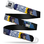 COWBOY BEBOP Title Logo Full Color Black/White Seatbelt Belt - COWBOY BEBOP Spike Vicious and Faye Pose and Title Logo Blues/Yellow Webbing Seatbelt Belts Crunchyroll