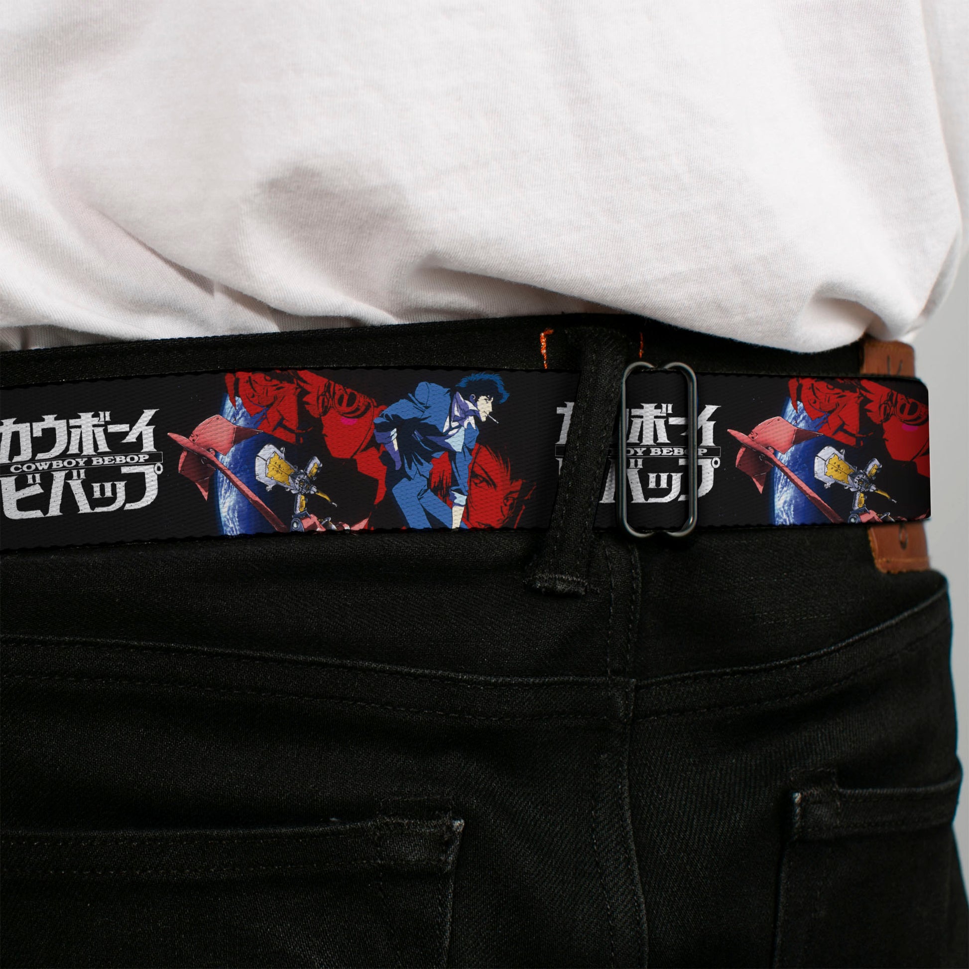 COWBOY BEBOP Title Logo Full Color Black/White Seatbelt Belt - COWBOY BEBOP Spike Pose and Crew Collage and Title Logo Black Webbing Seatbelt Belts Cowboy Bebop